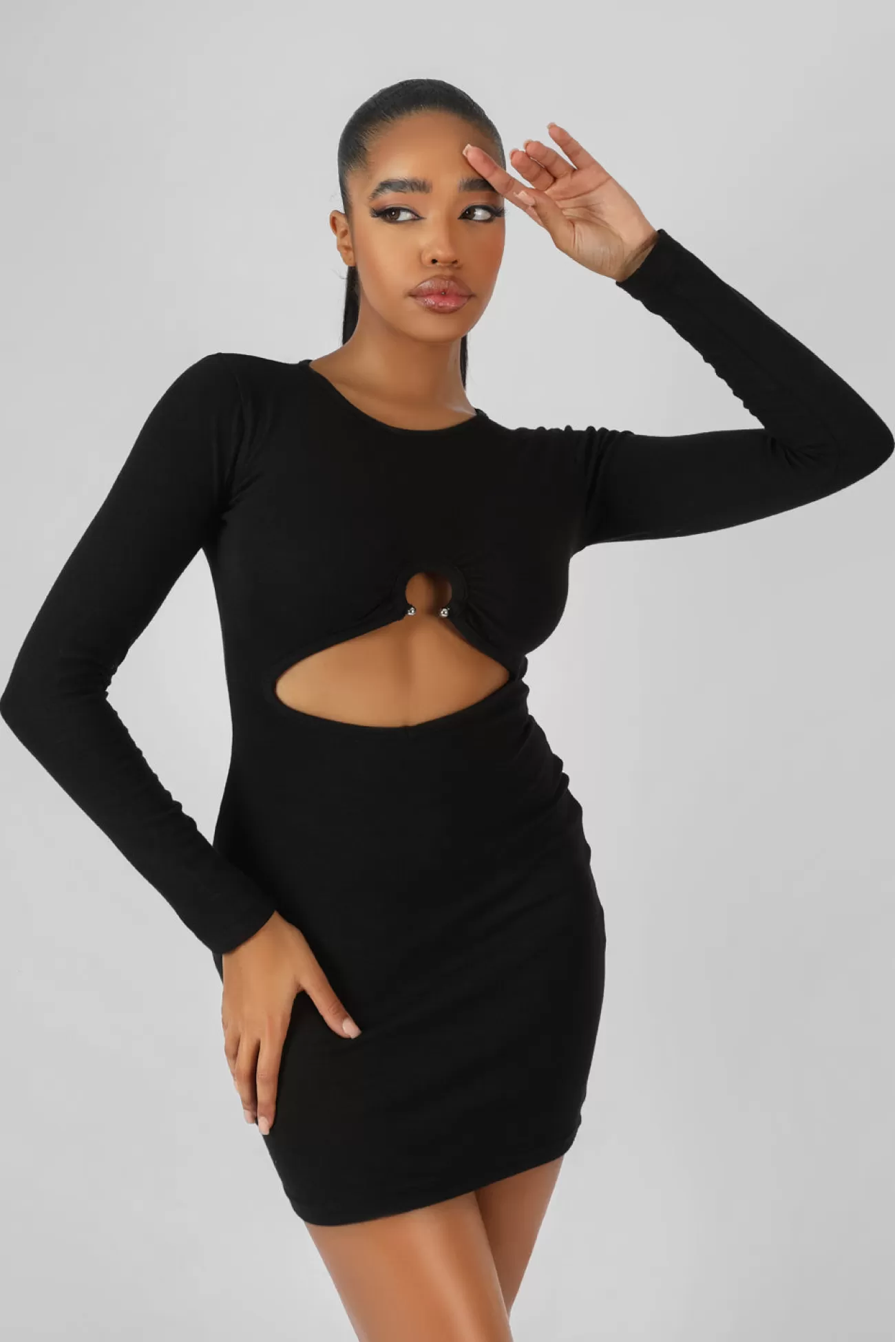 Public Desire Bull Ring Detail Long Sleeve Mini Dress Black Clearance