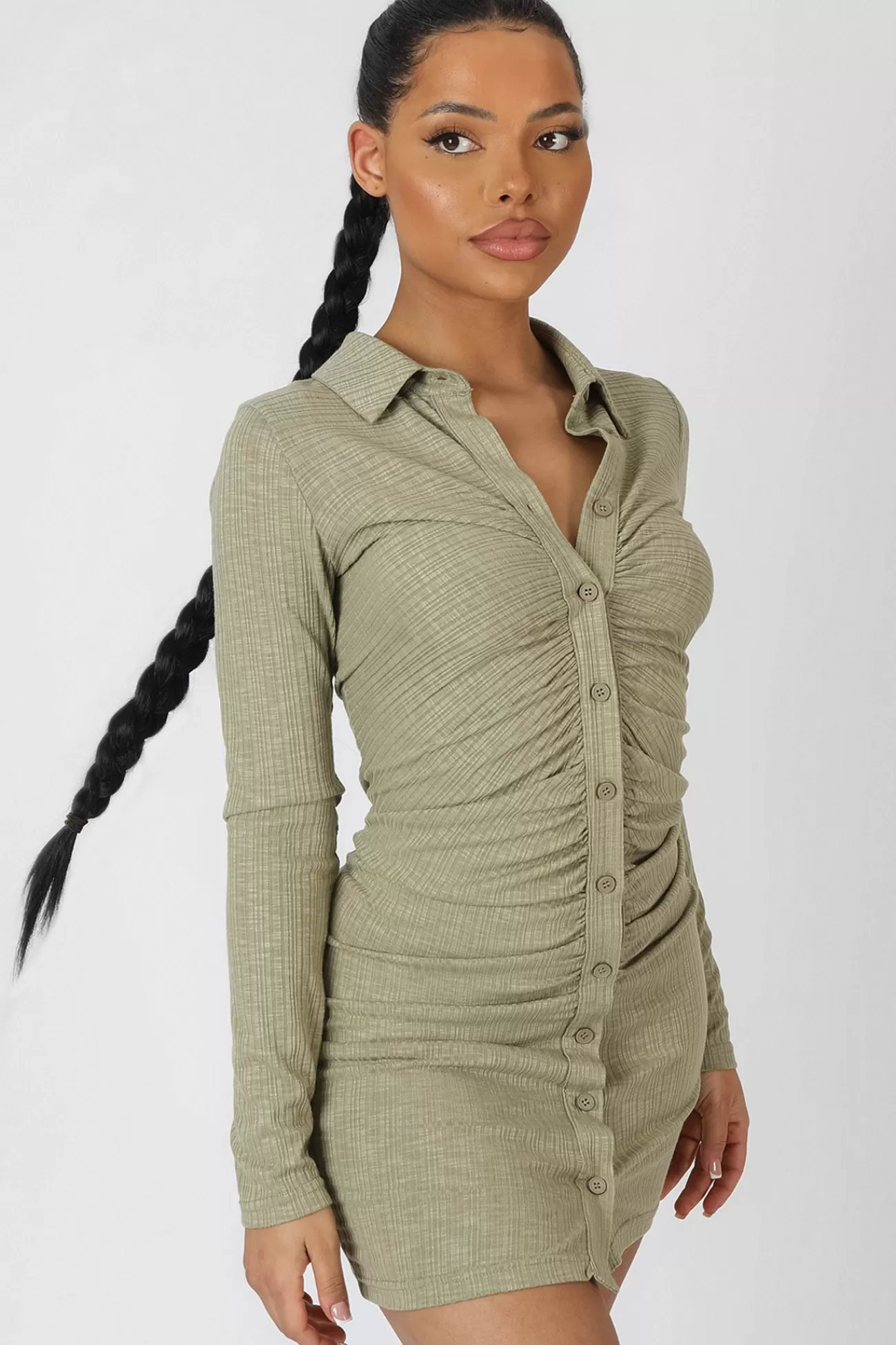 Public Desire Button Front Ruched Dress Khaki Lightkhaki Fashion