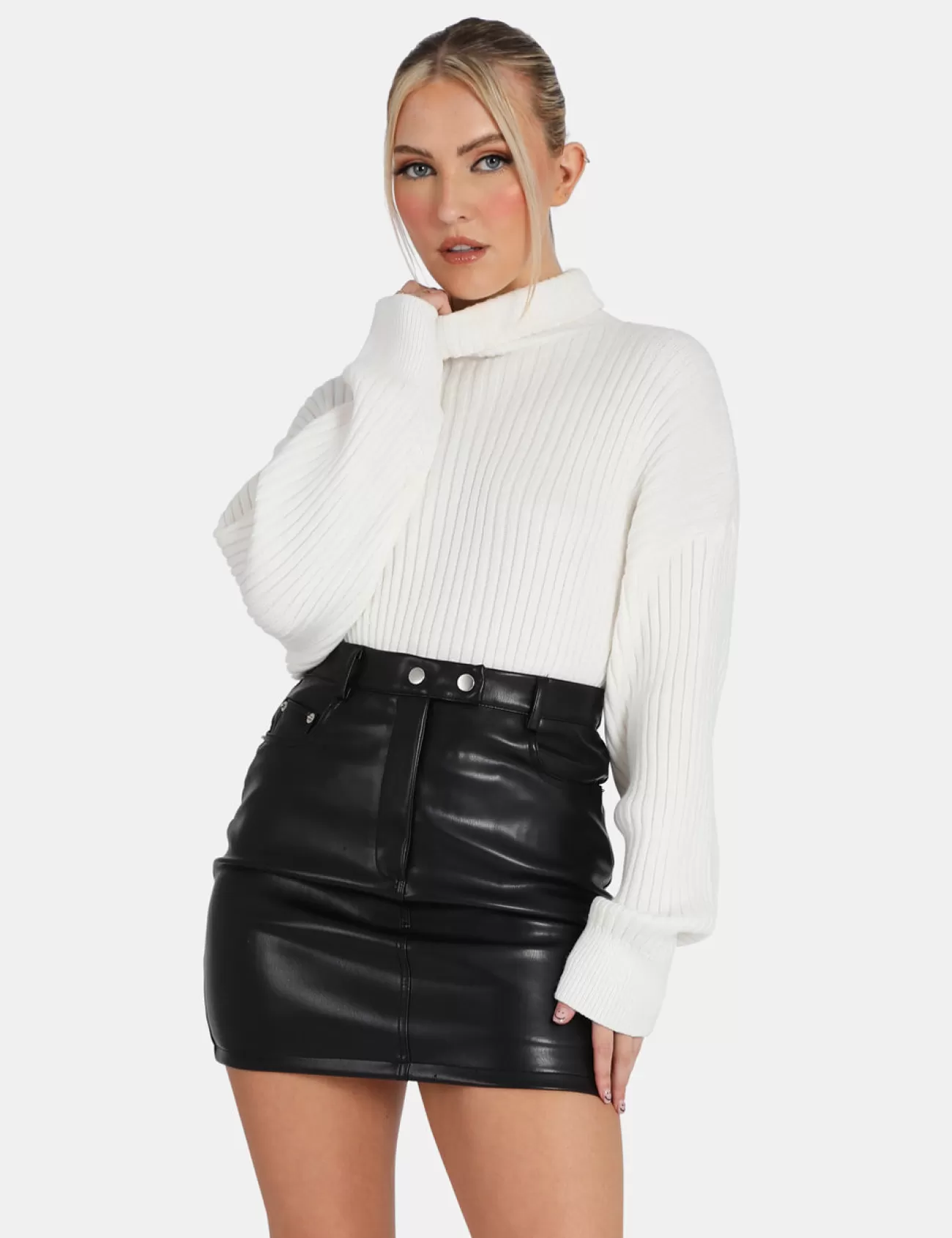 Public Desire Button Waist Pu Mini Skirt Black Clearance