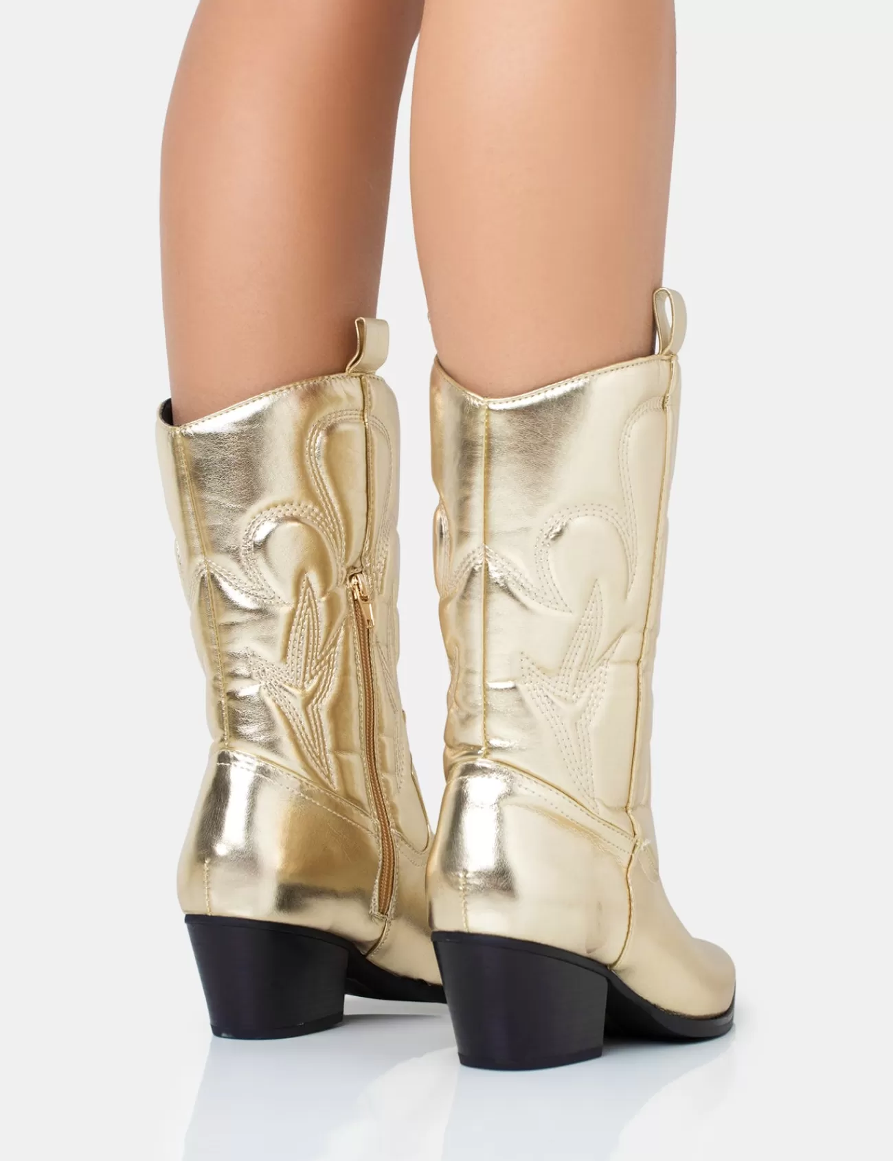 Public Desire Calabasas Western Embroidered Knee High Pointed Toe Cowboy Boots Gold Store
