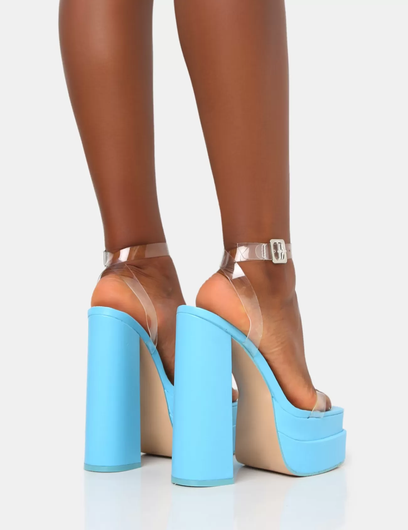 Public Desire Calla Baby Patent Barely There Clear Perspex Square Toe Platform Block Heels Blue Flash Sale