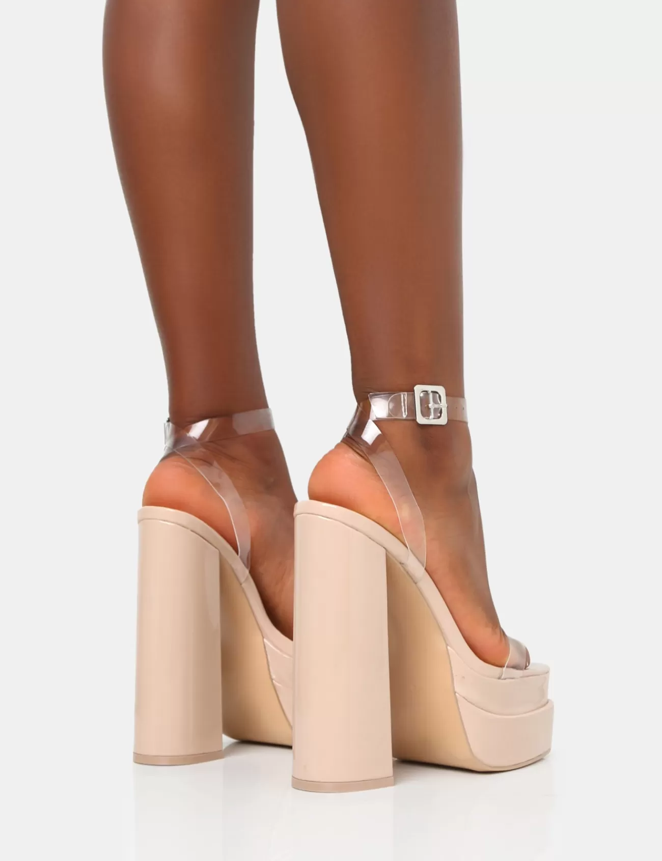Public Desire Calla Patent Barely There Clear Perspex Square Toe Platform Block Heels Nude Flash Sale
