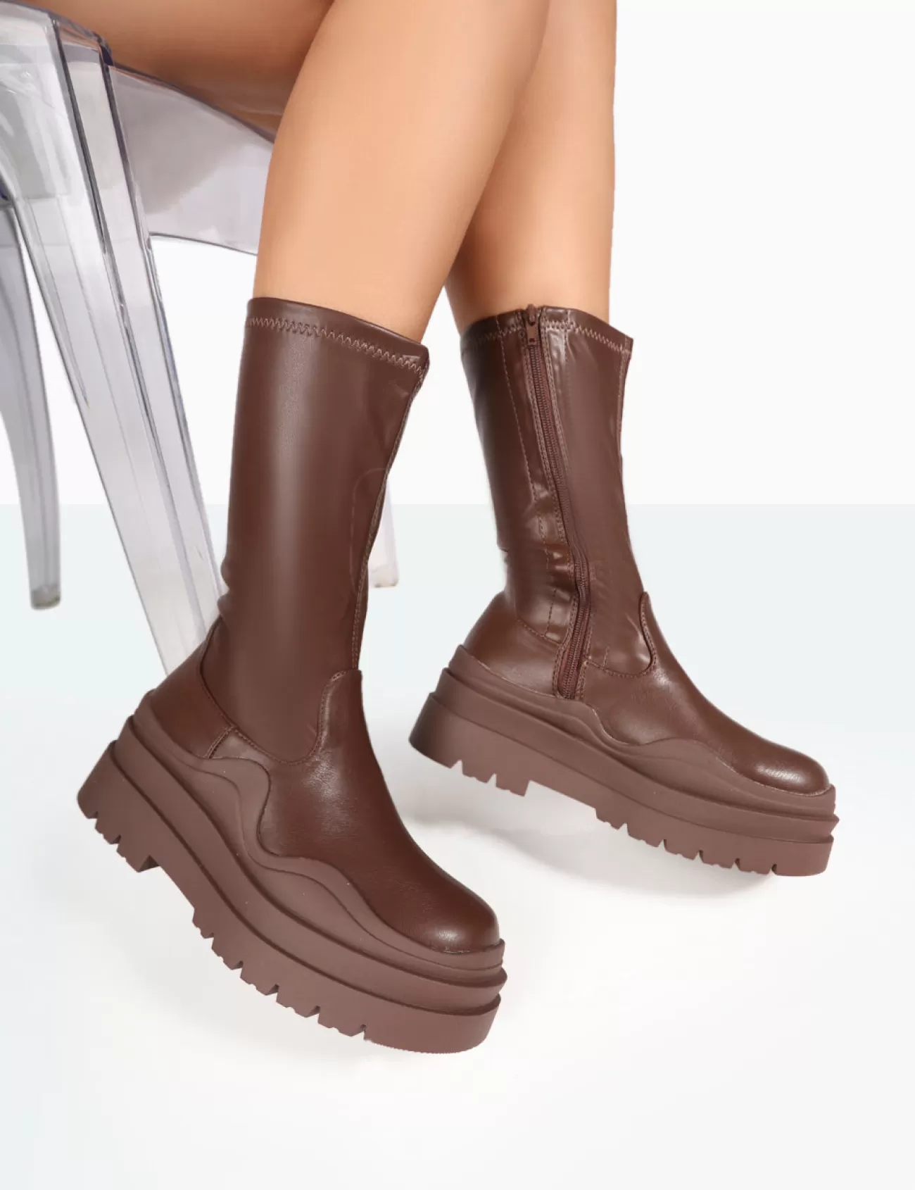 Public Desire Cam Pu Chunky Sole Round Toe Ankle Boots Chocolate Online