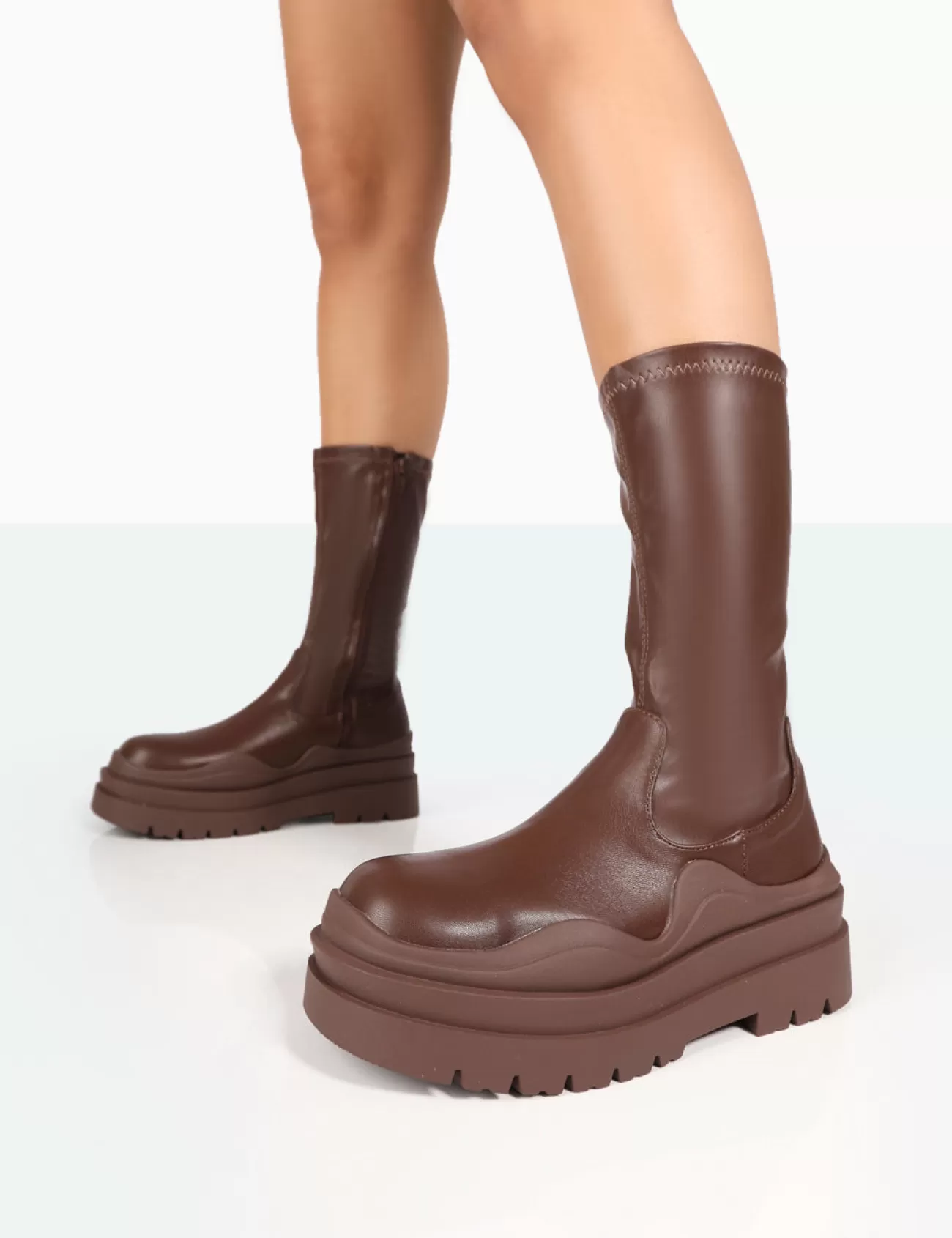 Public Desire Cam Pu Chunky Sole Round Toe Ankle Boots Chocolate Online