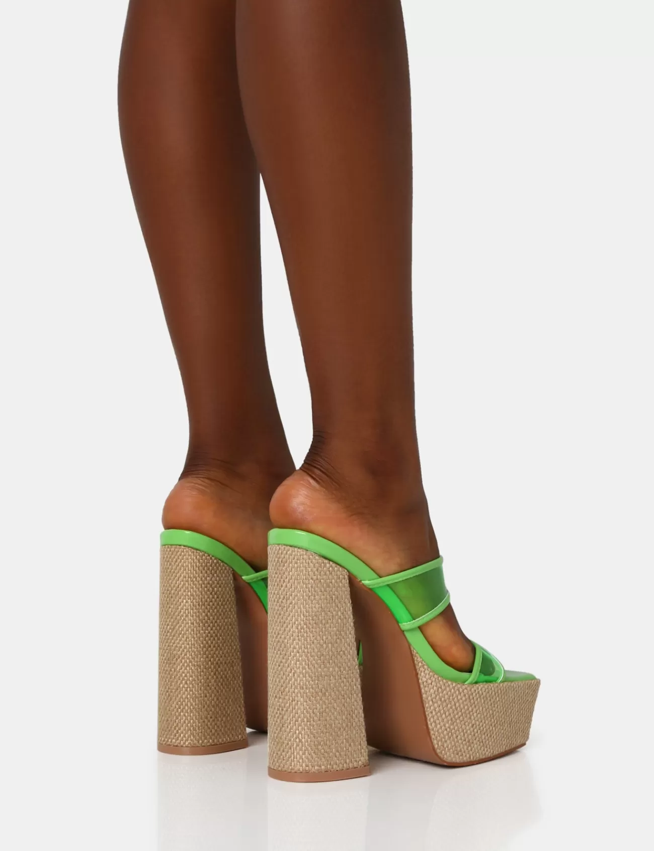 Public Desire Carley Neon Perspex Mule Square Toe Platform Raffia Block Heels Lime Clearance