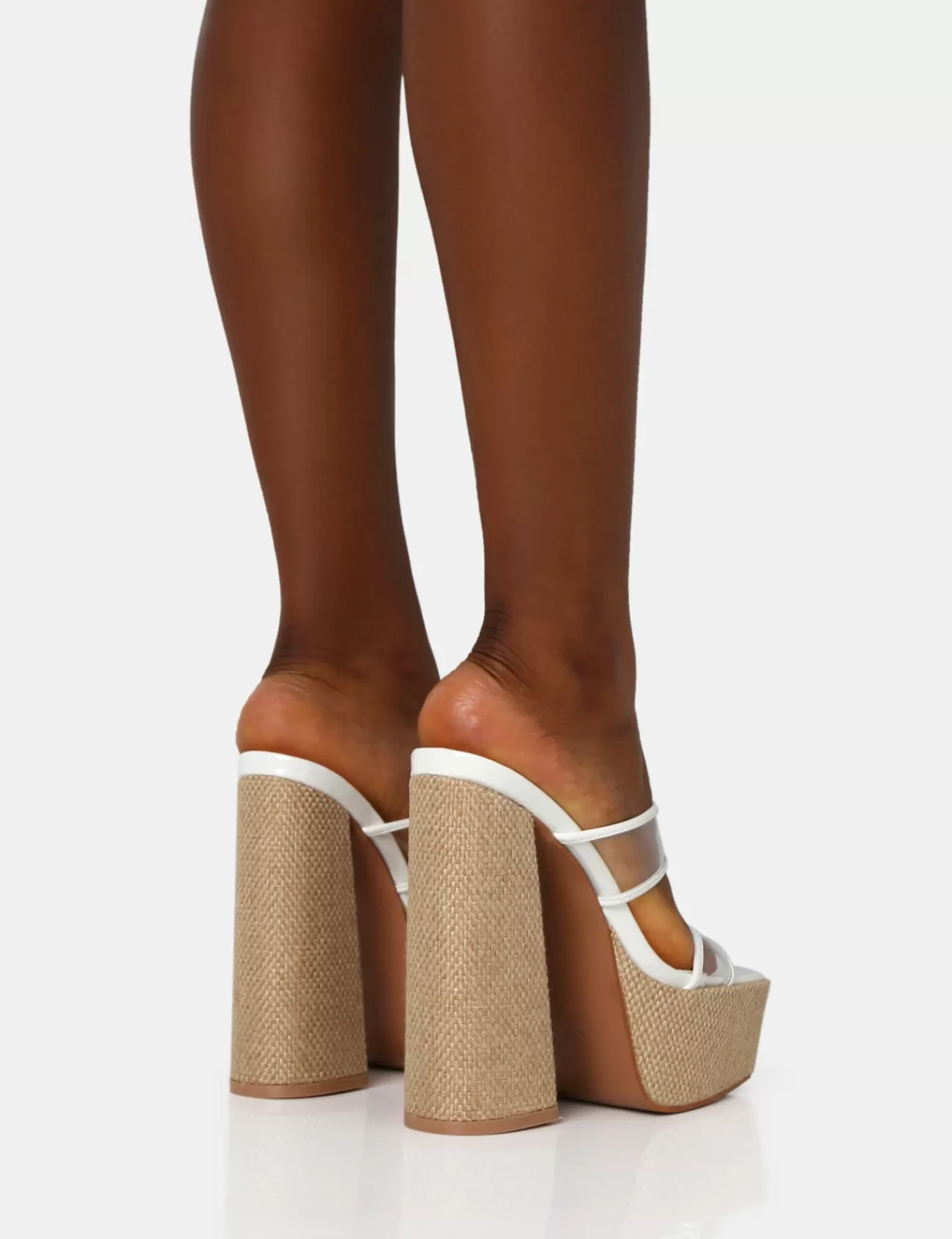 Public Desire Carley Perspex Mule Square Toe Platform Raffia Block Heels White Outlet