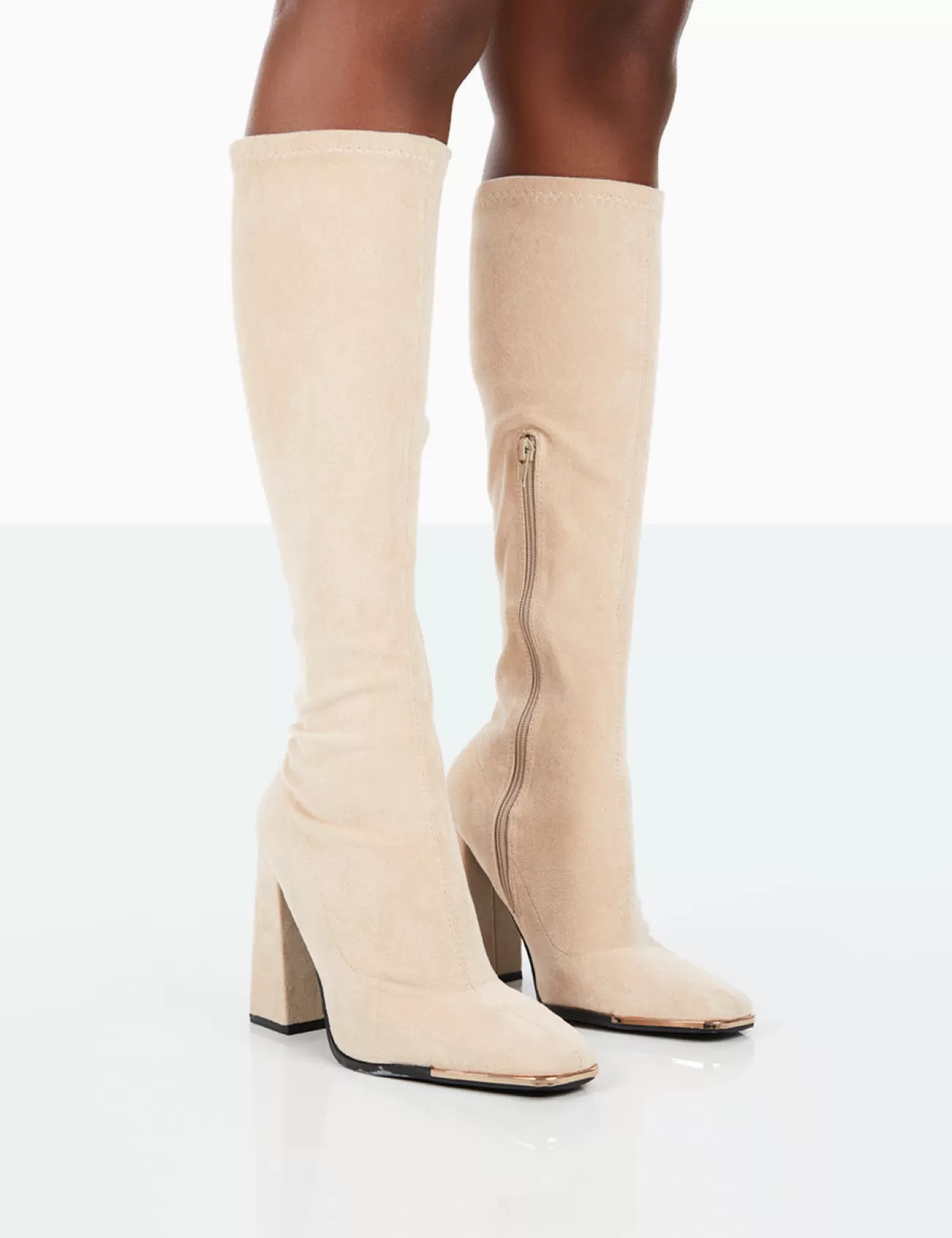 Public Desire Caryn Faux Suede Knee High Block Heeled Boots Taupe Best Sale