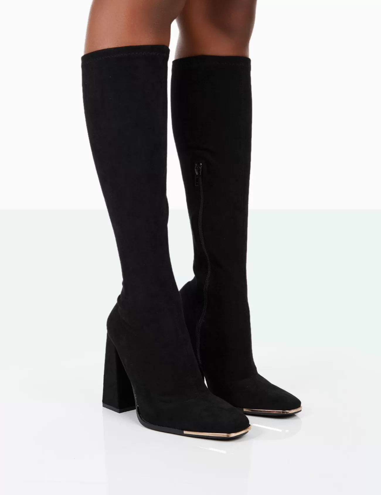 Public Desire Caryn Faux Suede Knee High Block Heeled Boots Black Best Sale