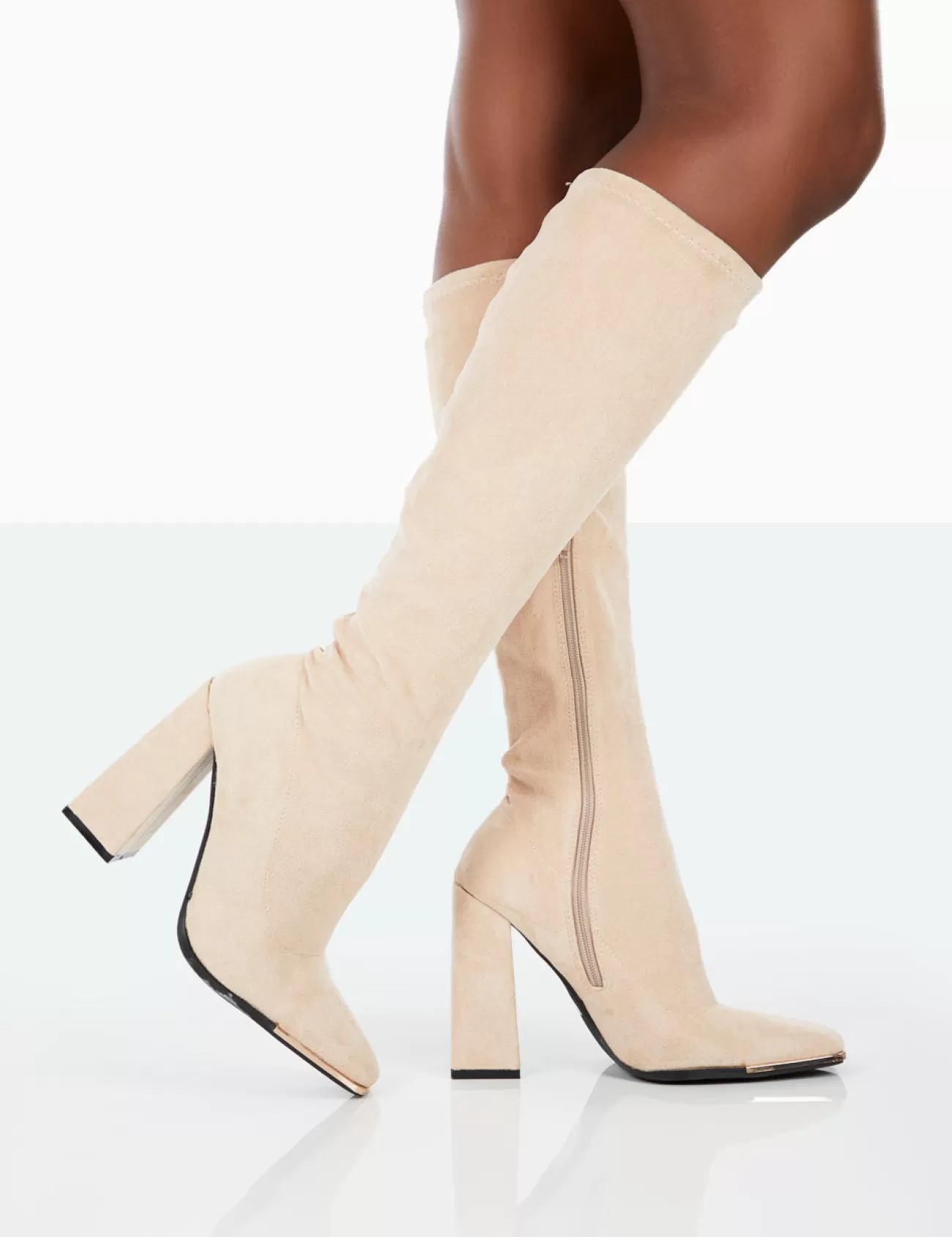Public Desire Caryn Faux Suede Knee High Block Heeled Boots Taupe Best Sale