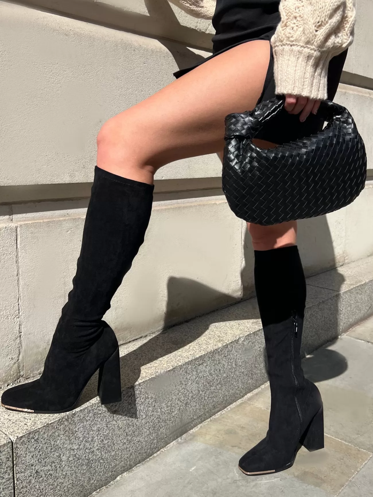 Public Desire Caryn Faux Suede Knee High Block Heeled Boots Black Best Sale