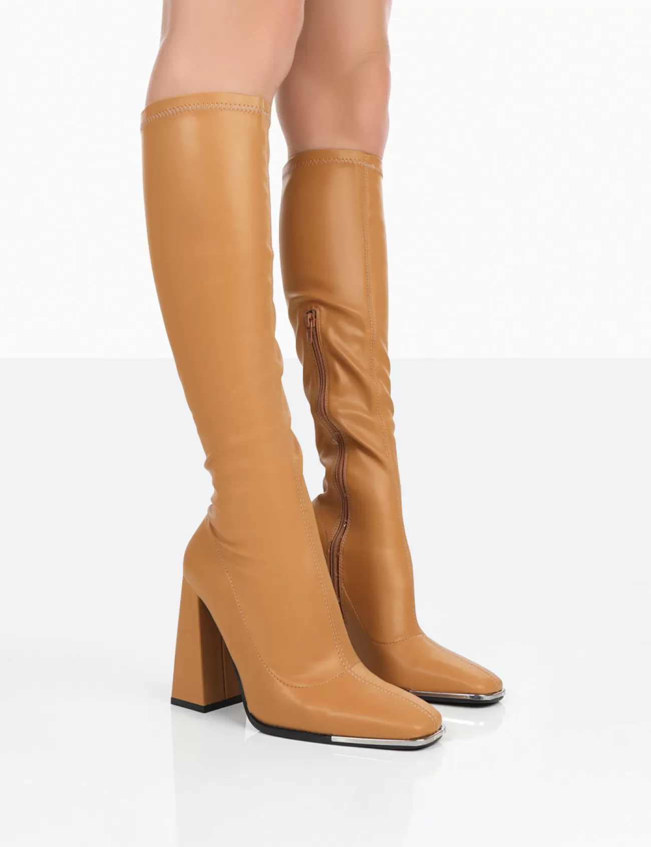 Public Desire Caryn Grain Pu Patent Knee High Block Heeled Boots Camel Cheap