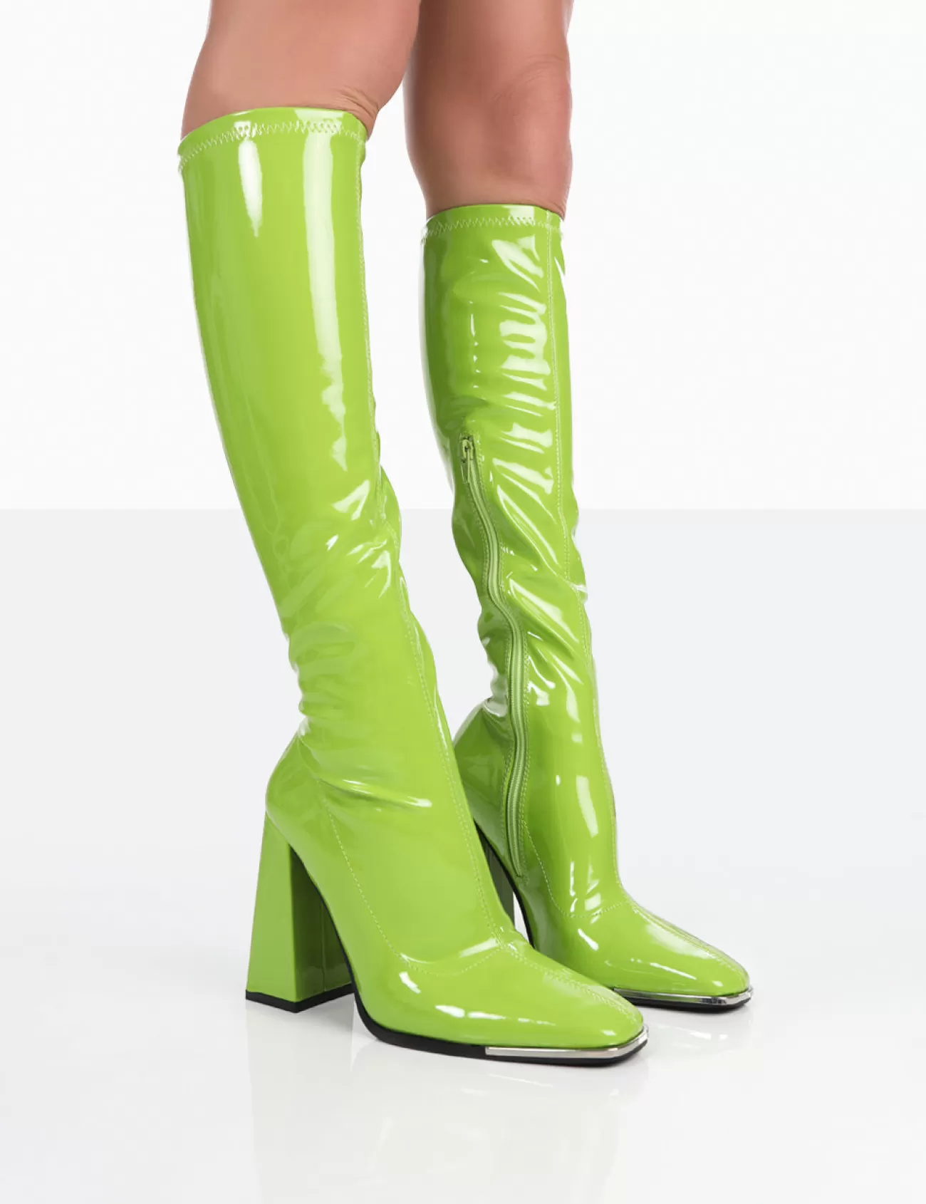 Public Desire Caryn Patent Knee High Block Heeled Boots Lime Flash Sale