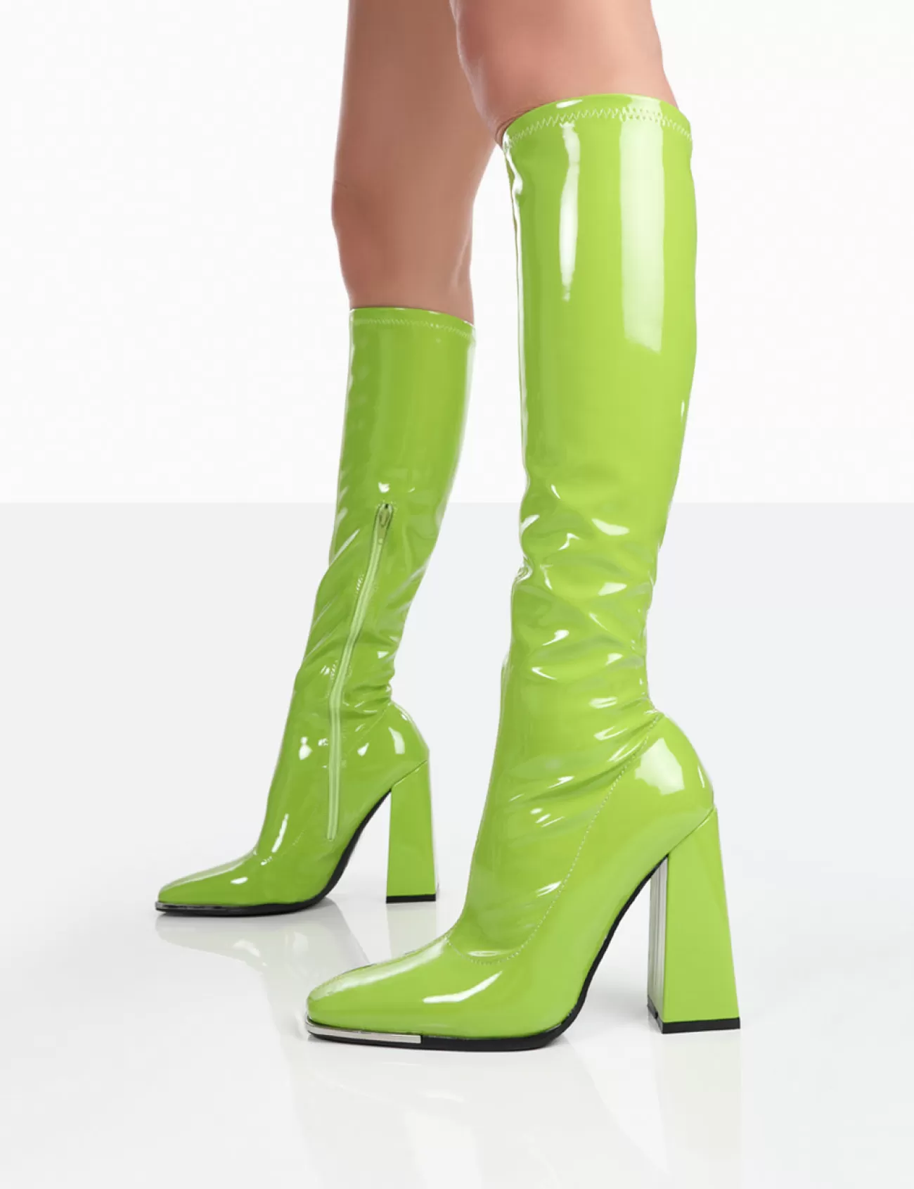Public Desire Caryn Patent Knee High Block Heeled Boots Lime Flash Sale