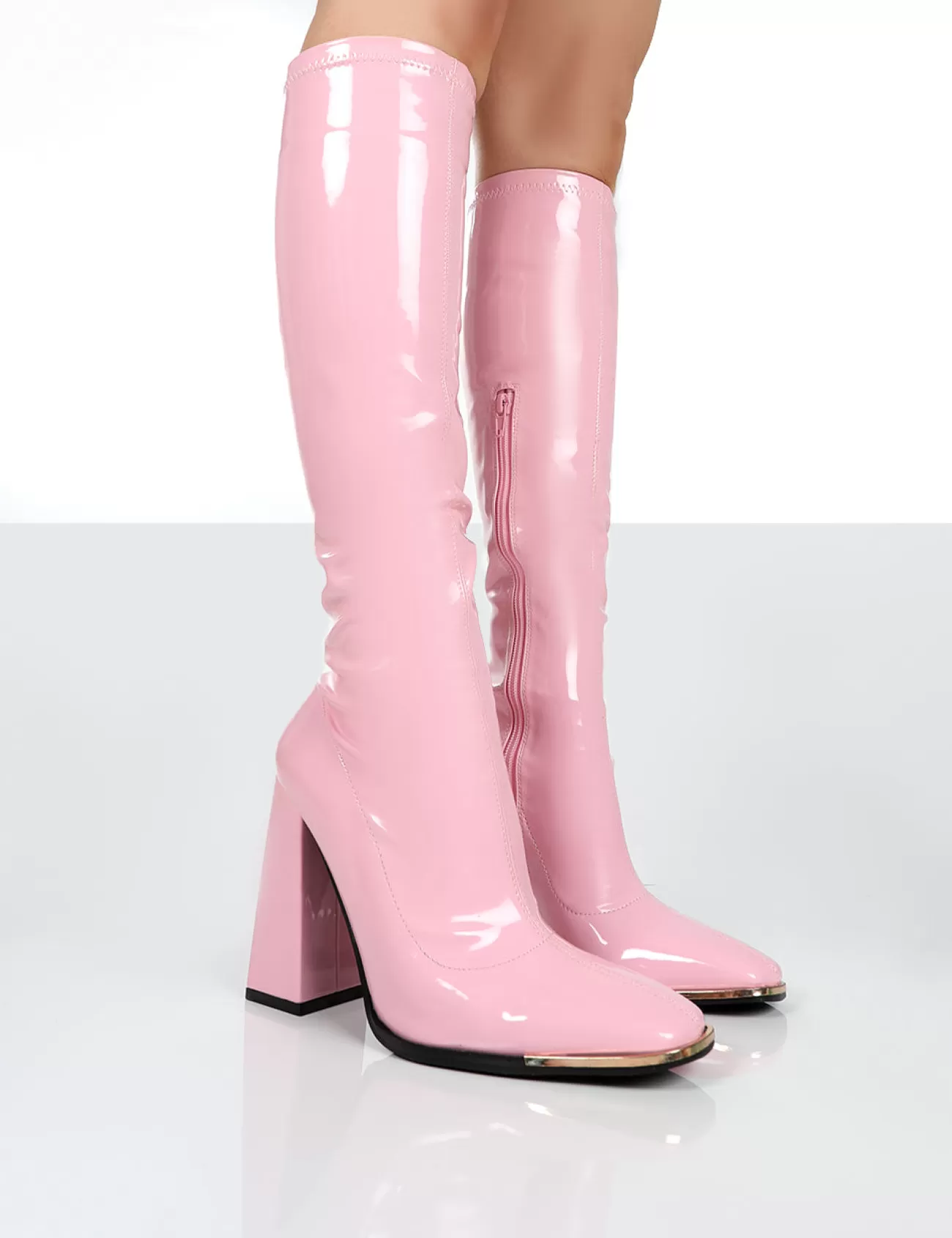 Public Desire Caryn Patent Knee High Heeled Boots Pink Discount