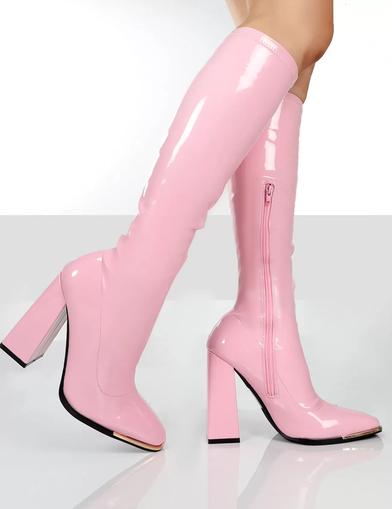Public Desire Caryn Patent Knee High Heeled Boots Pink Discount