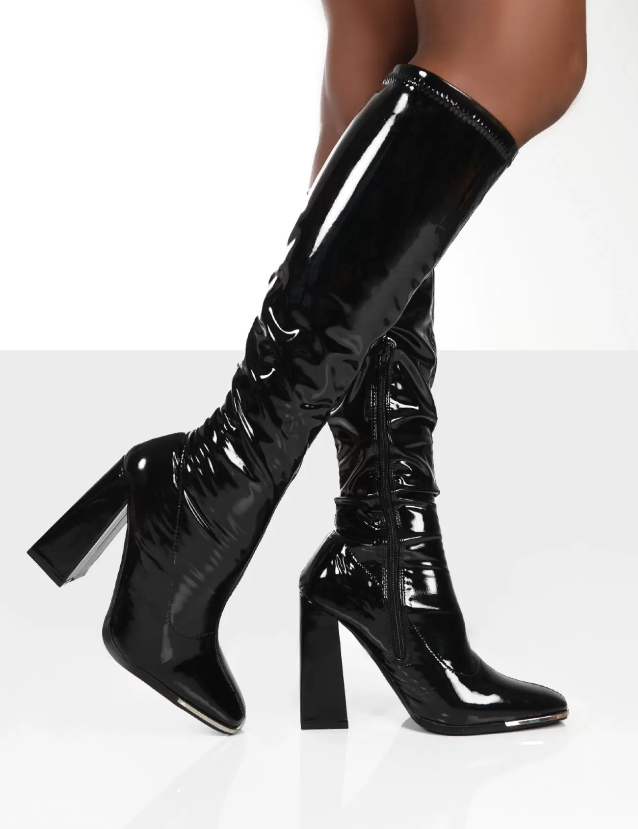 Public Desire Caryn Patent Wide Fit Knee High Block Heeled Boots Black Shop