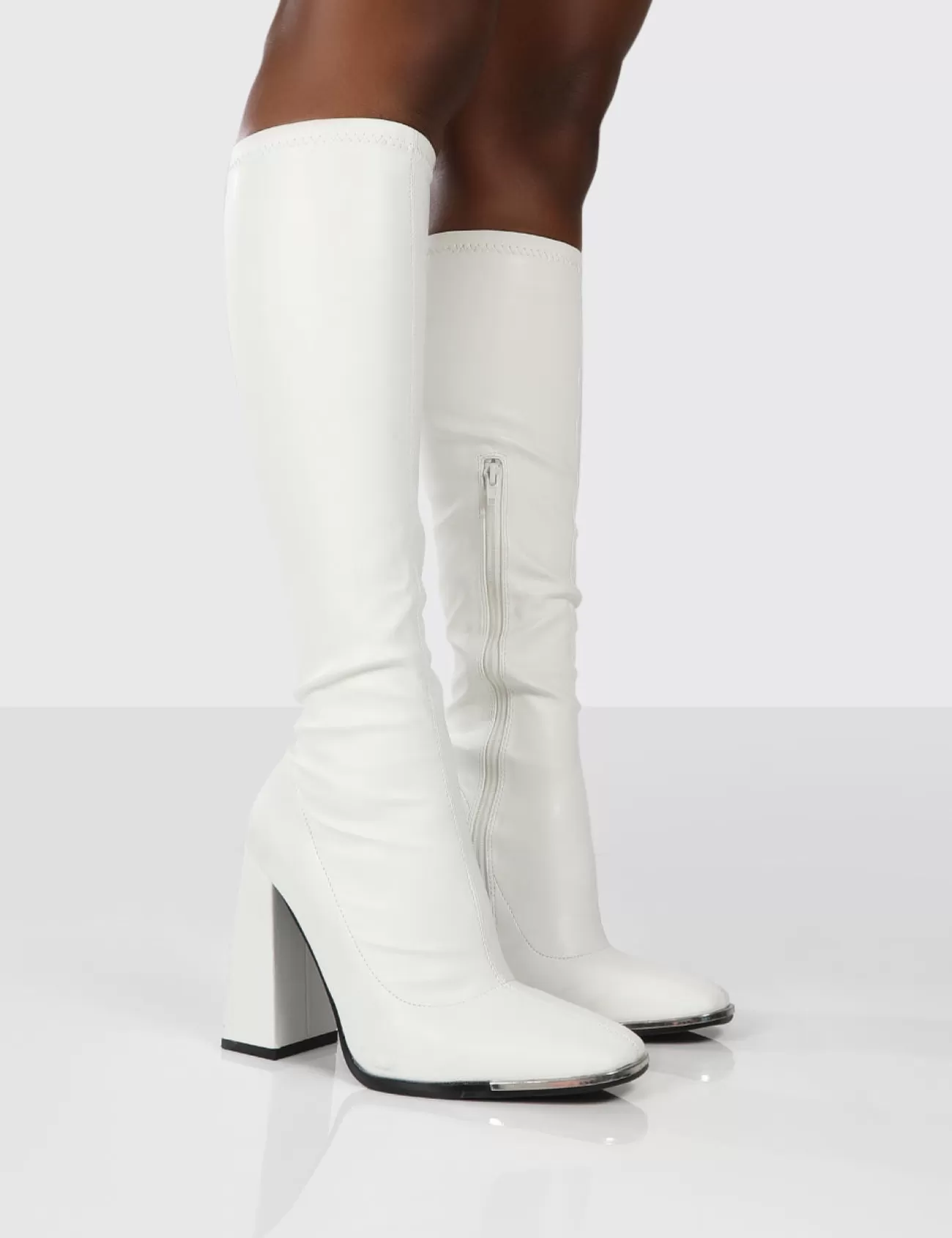 Public Desire Caryn Pu Block Heeled Knee High Boots White Clearance