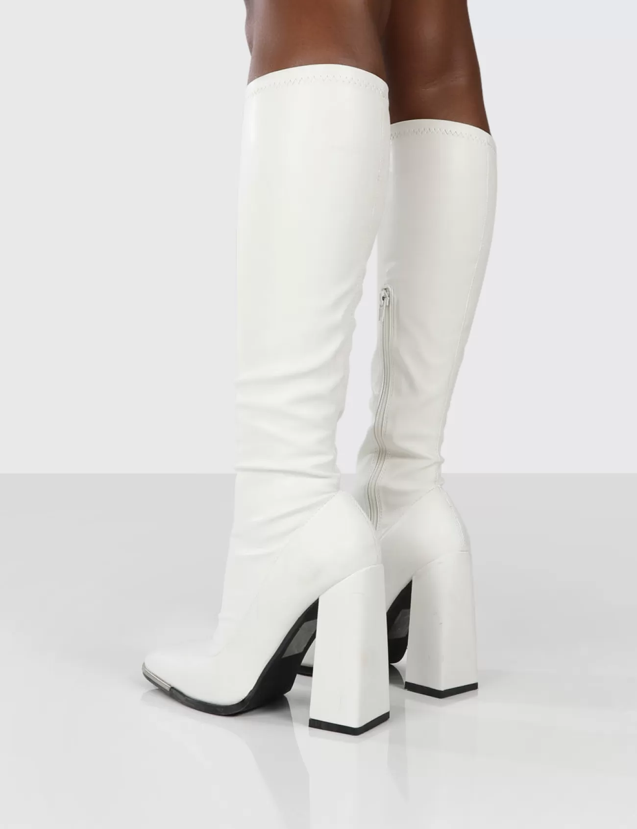 Public Desire Caryn Pu Block Heeled Knee High Boots White Clearance