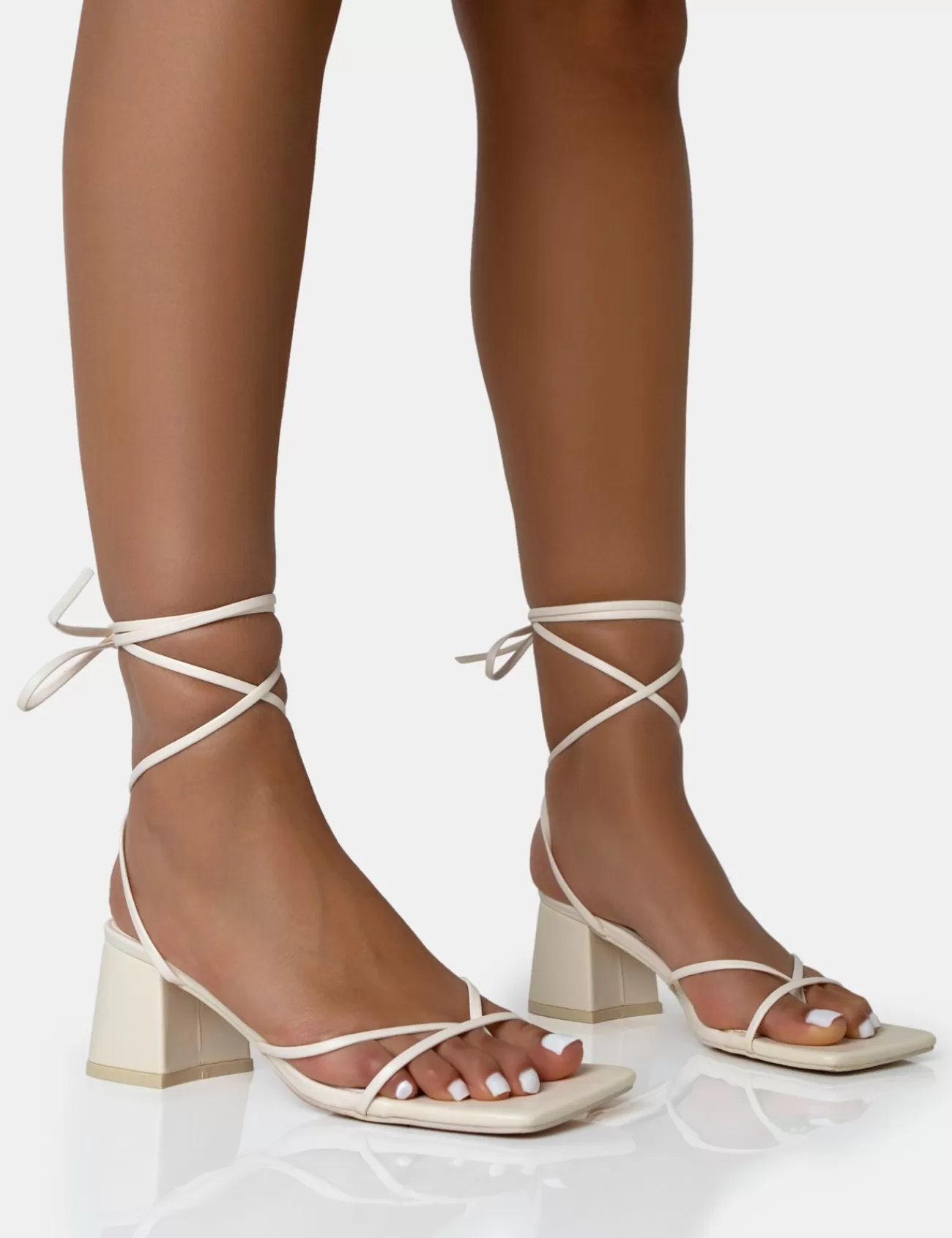 Public Desire Casey Strappy Lace Up Square Toe Low Block Heel Sandals Ecru Hot