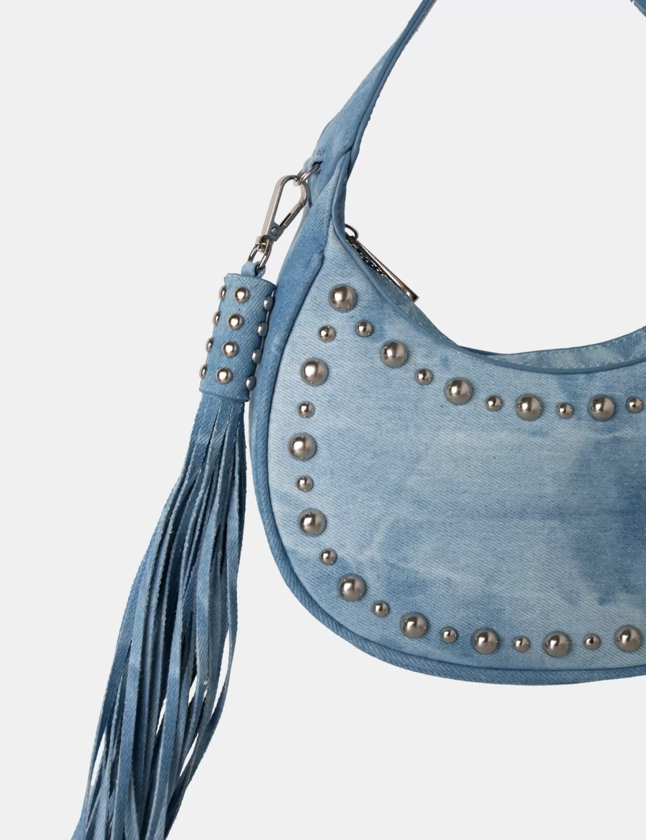 Public Desire Cato Washed Denim Bleached Studded Tassel Boho Shoulder Bag Blue Shop