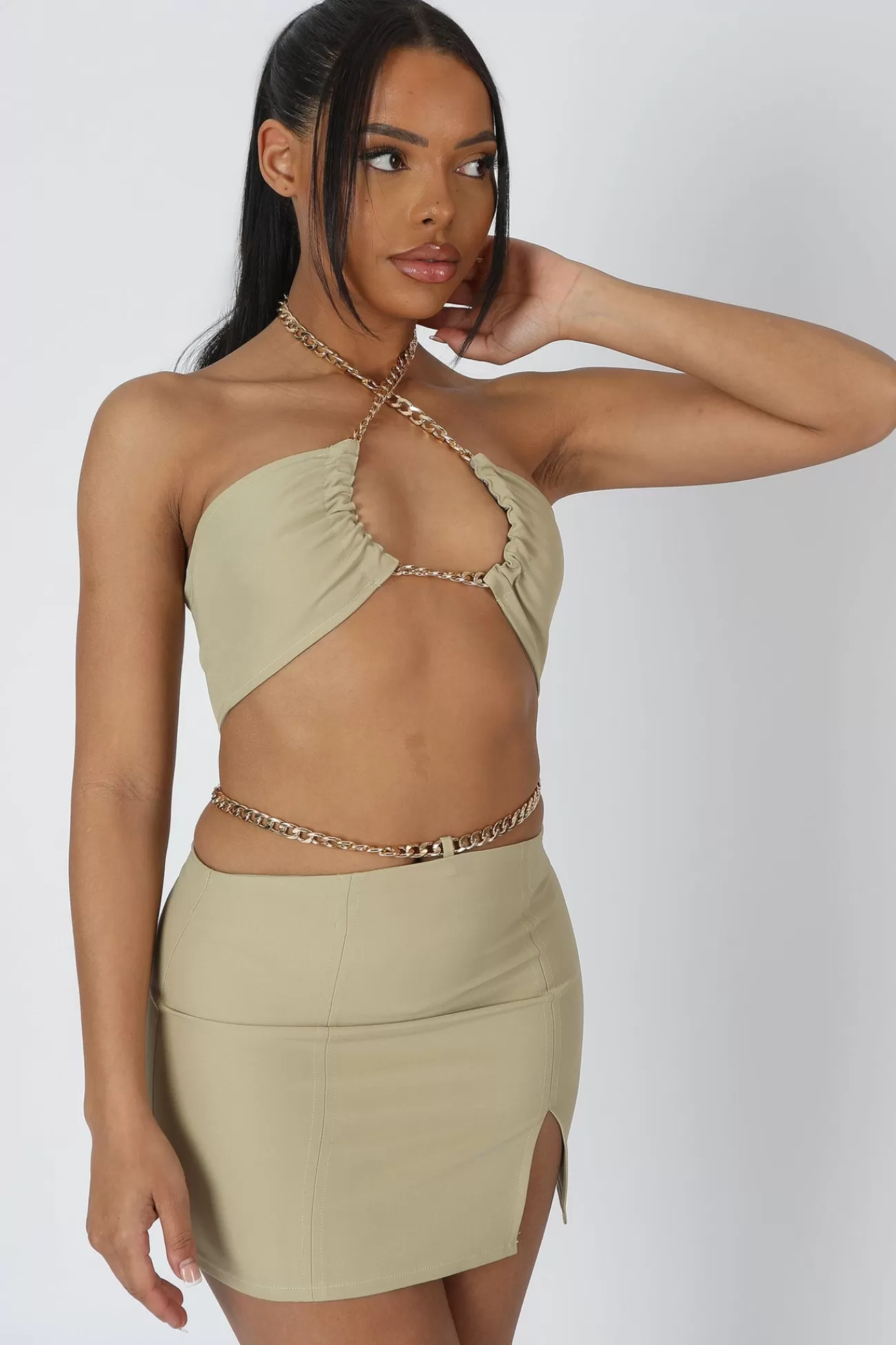 Public Desire Chain Waist Mini Skirt Sage Fashion