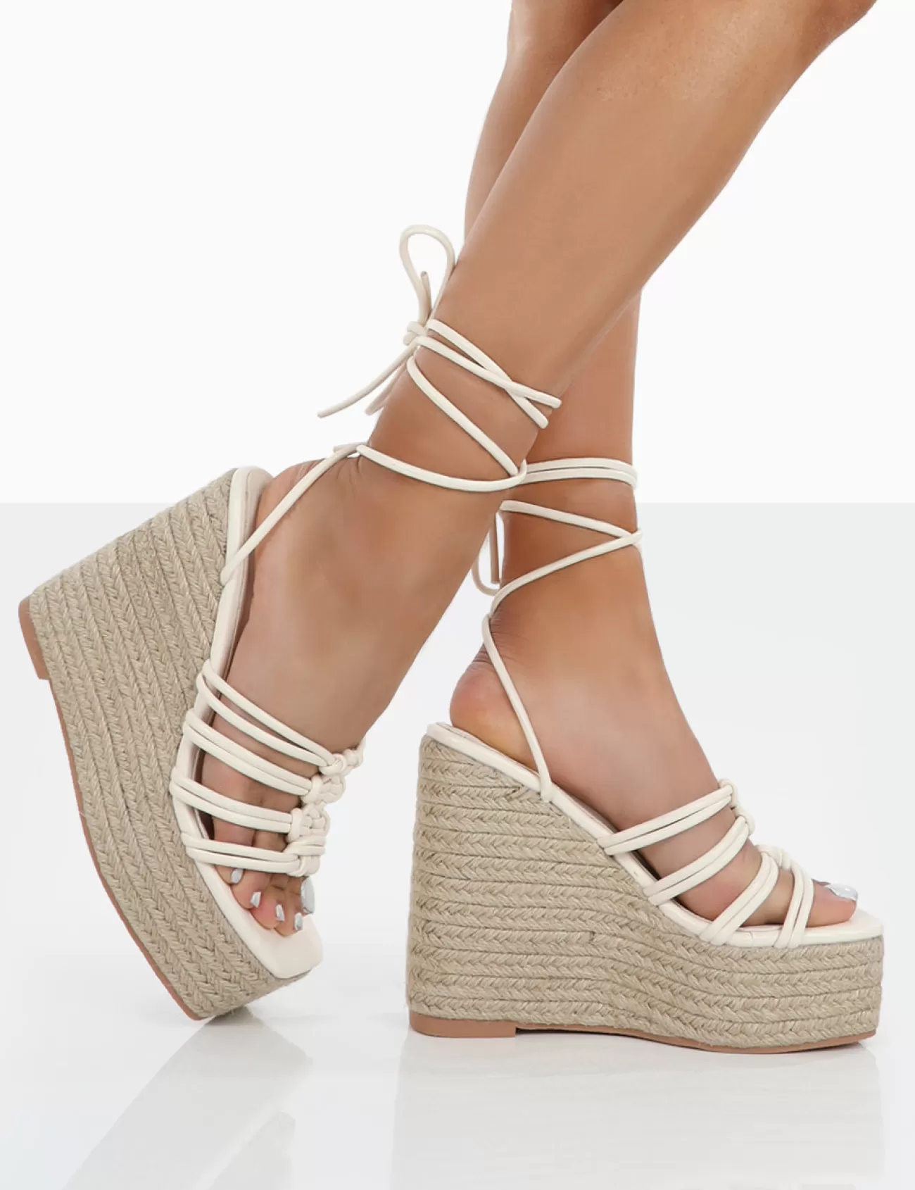 Public Desire Chakkra Pu High Heeled Sandal Espadrilles Wedges Ecru Hot