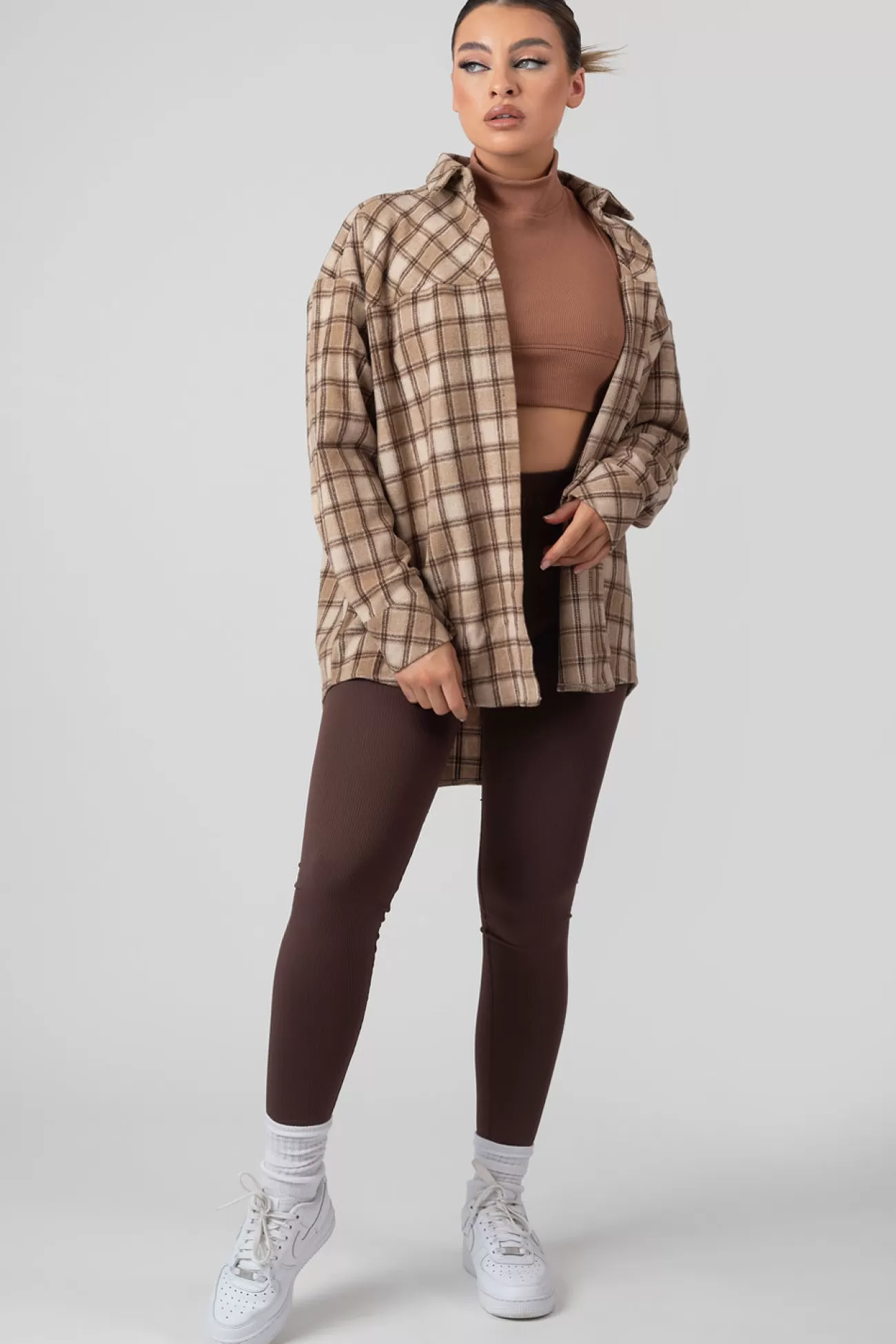 Public Desire Check Shirt In With Button Fastening Camel New