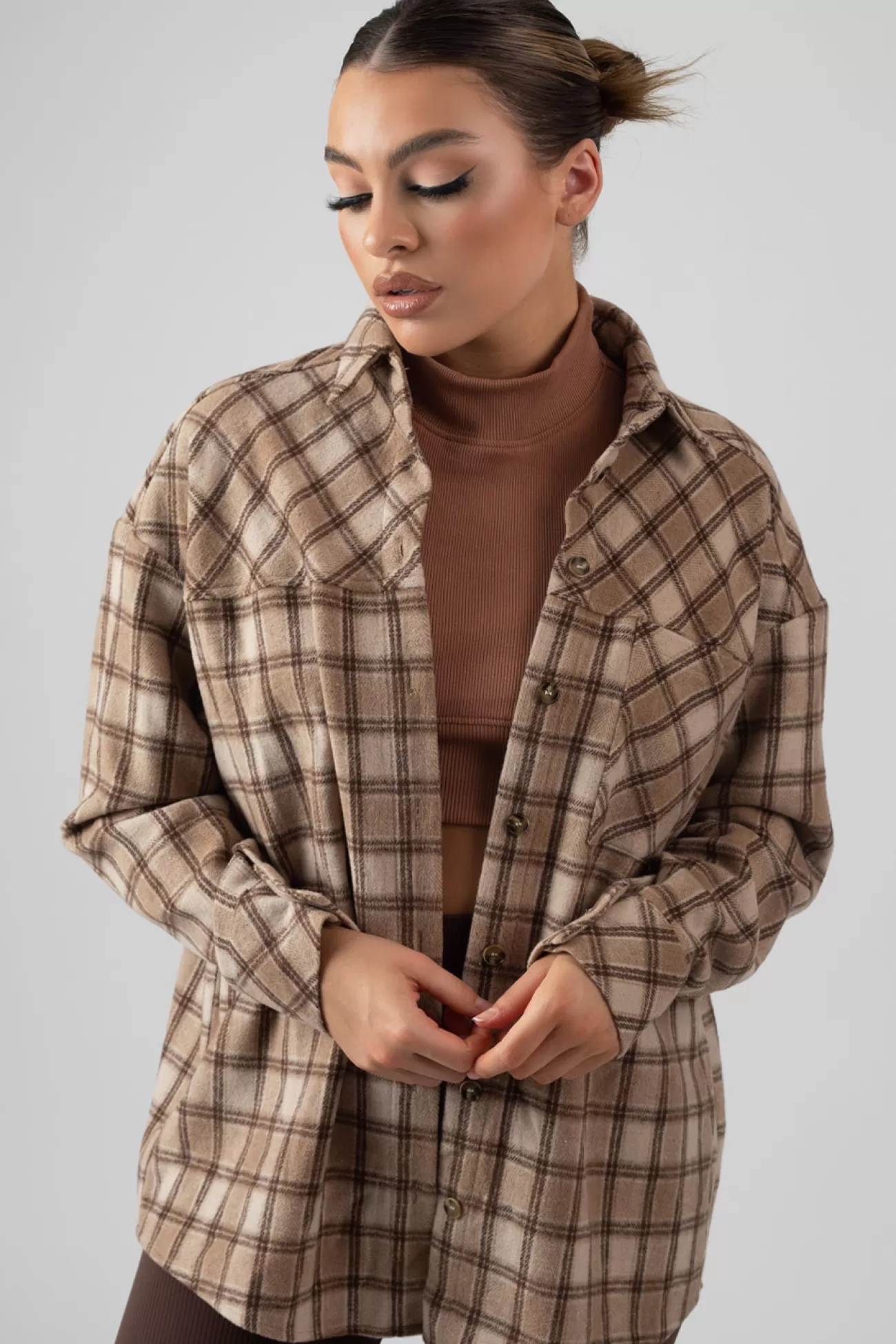Public Desire Check Shirt In With Button Fastening Camel New