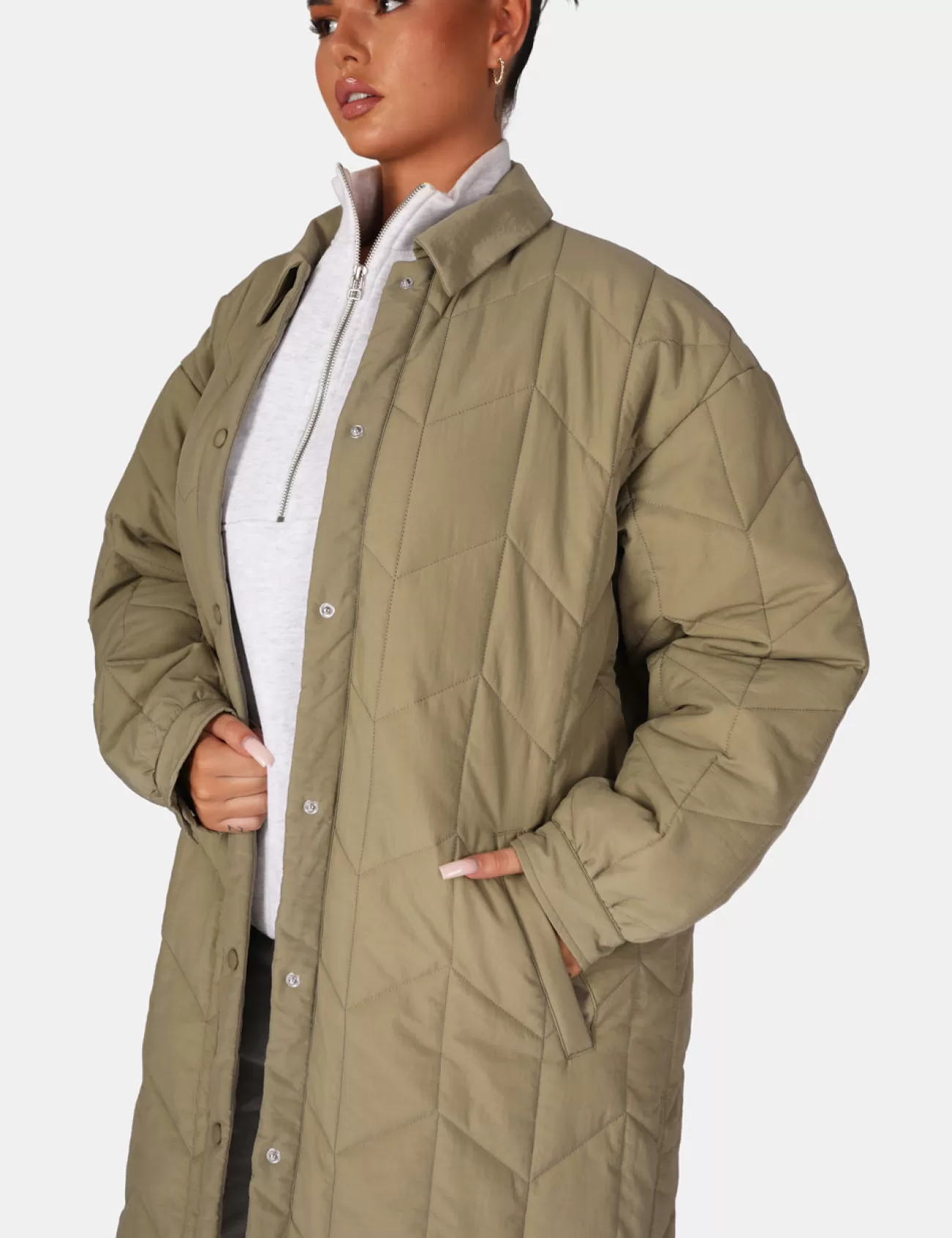 Public Desire Chevron Quilted Longline Jacket Khaki Cheap