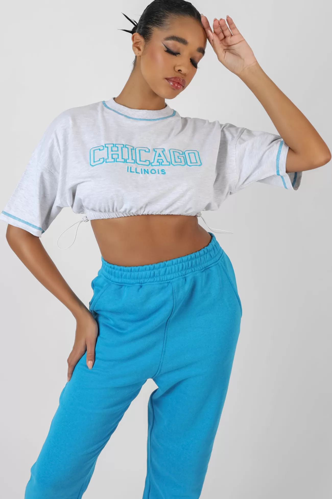 Public Desire Chicago Elasticated Hem Cropped T-Shirt Oatmeal Marl New