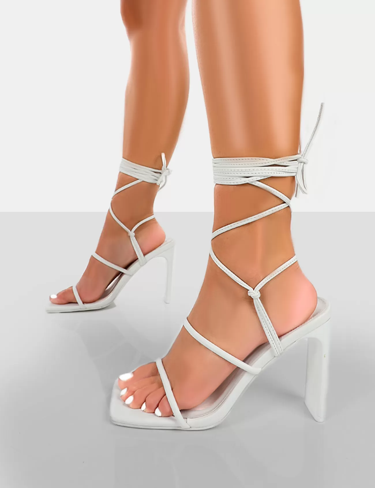 Public Desire Chloe Pu Strappy Square Toe Lace Up Heels White Flash Sale