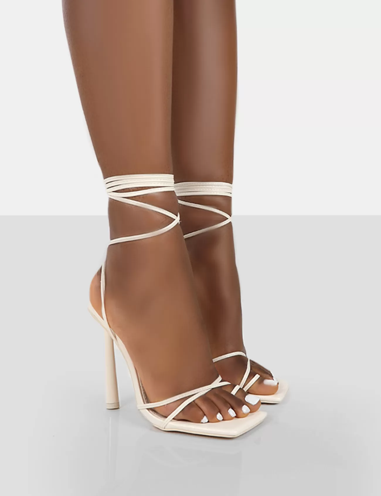Public Desire Ci Ci Pu Square Toe Lace Up Stiletto Heels Ecru Fashion
