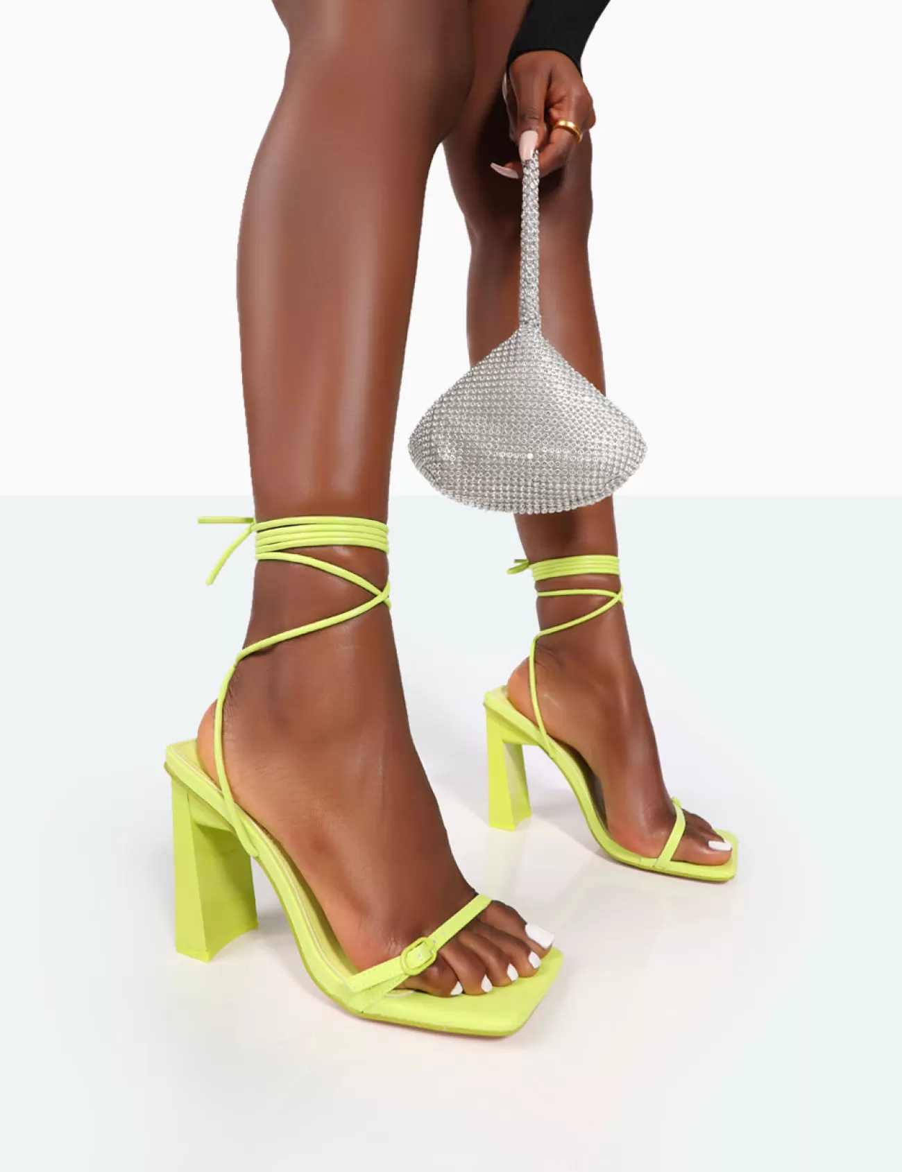 Public Desire Cleo Pu Square Toe Strappy Lace Up Block Heels Lime Best Sale