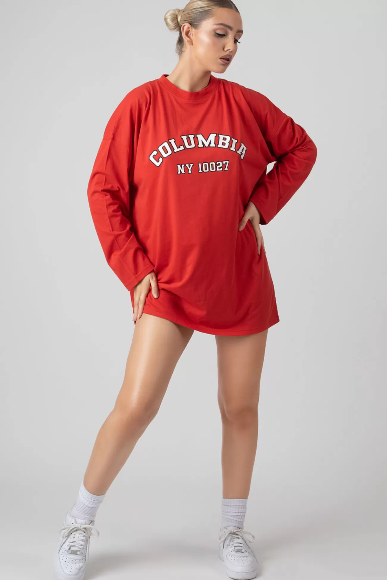 Public Desire Columbia Slogan Long Sleeved T-Shirt Dress Red Store