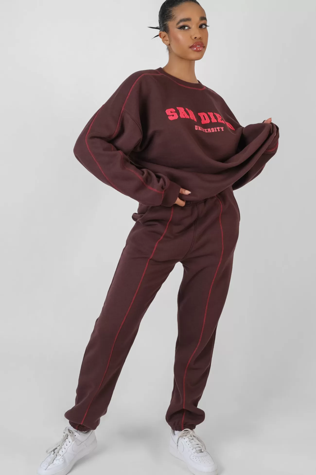 Public Desire Contrast Stitch 90's Joggers Aubergine Fashion