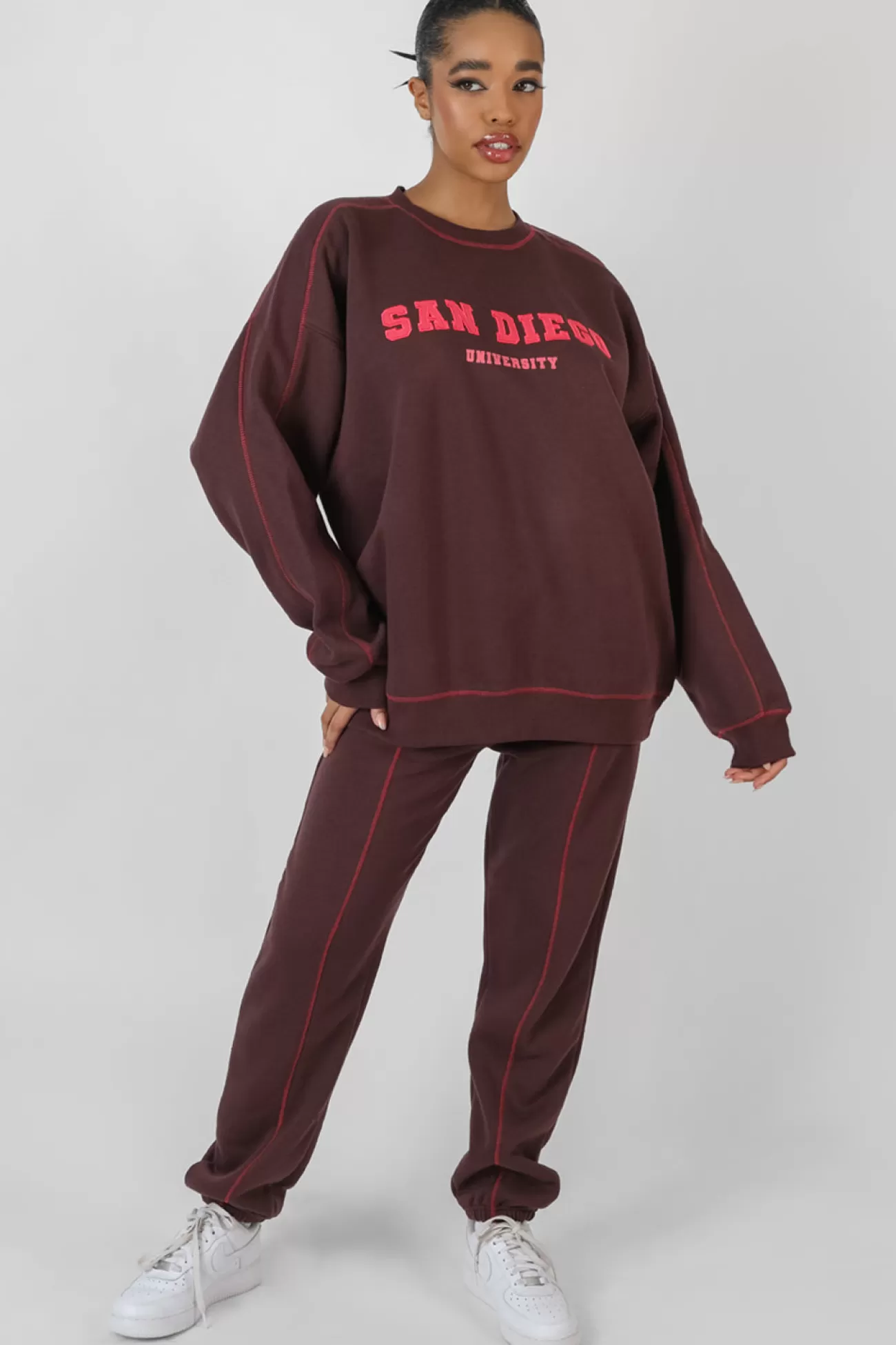 Public Desire Contrast Stitch 90's Joggers Aubergine Fashion