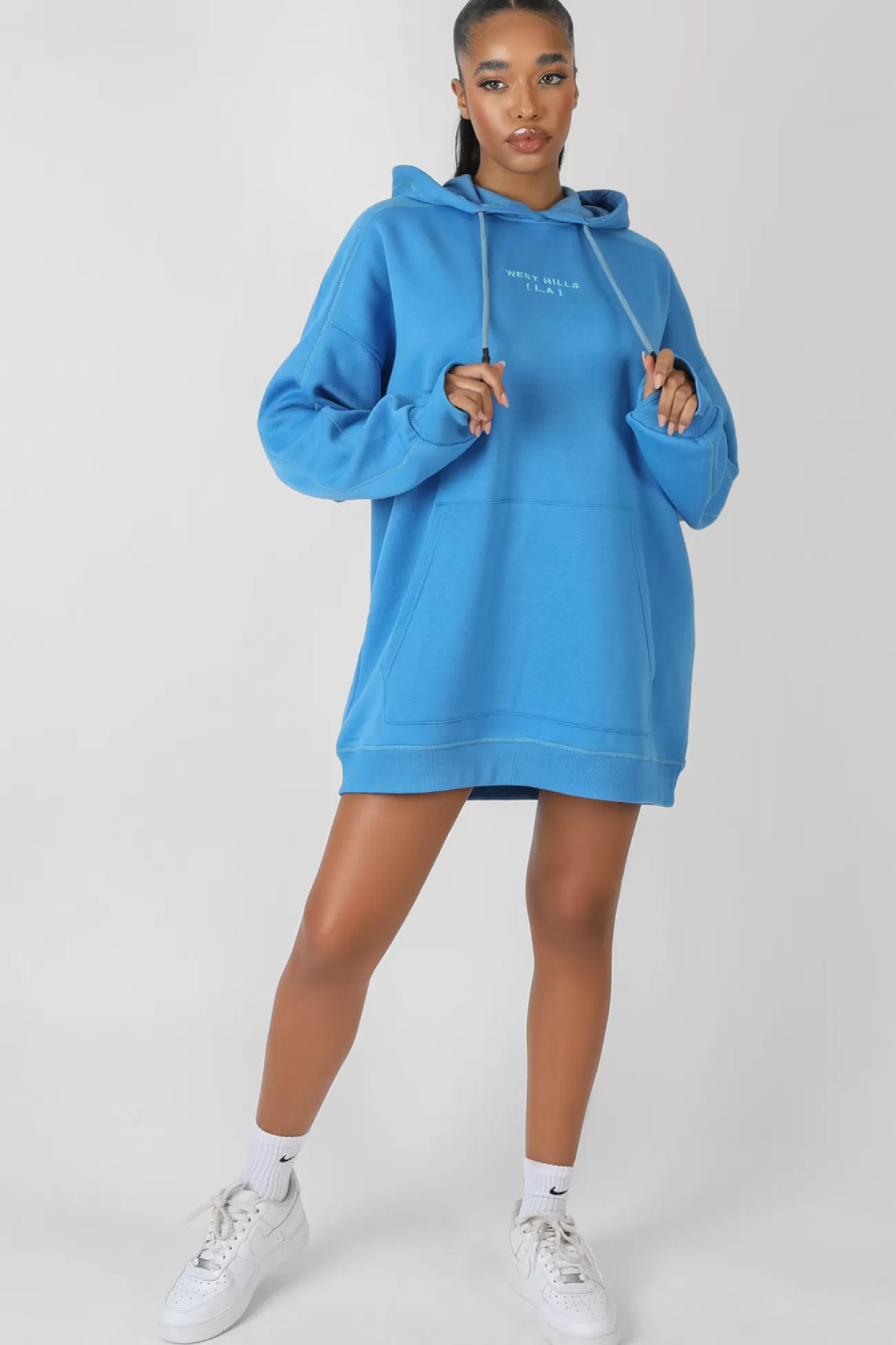 Public Desire Contrast Stitch Slogan Hoodie Sweat Dress Blue Flash Sale