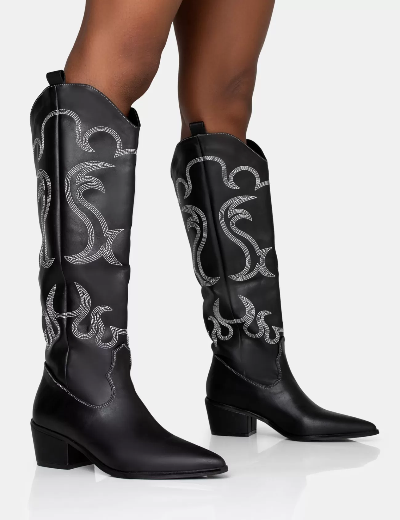 Public Desire Cooper Pu Western Embroidered Knee High Cowboy Boot Black Clearance