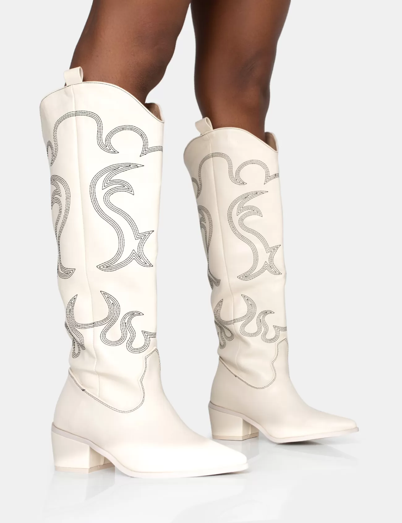 Public Desire Cooper Pu Western Embroidered Knee High Cowboy Boot Ecru Discount