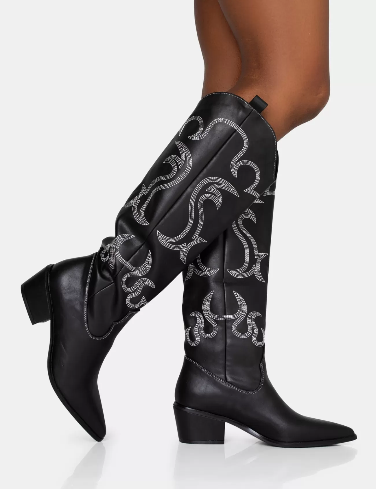 Public Desire Cooper Pu Western Embroidered Knee High Cowboy Boot Black Clearance