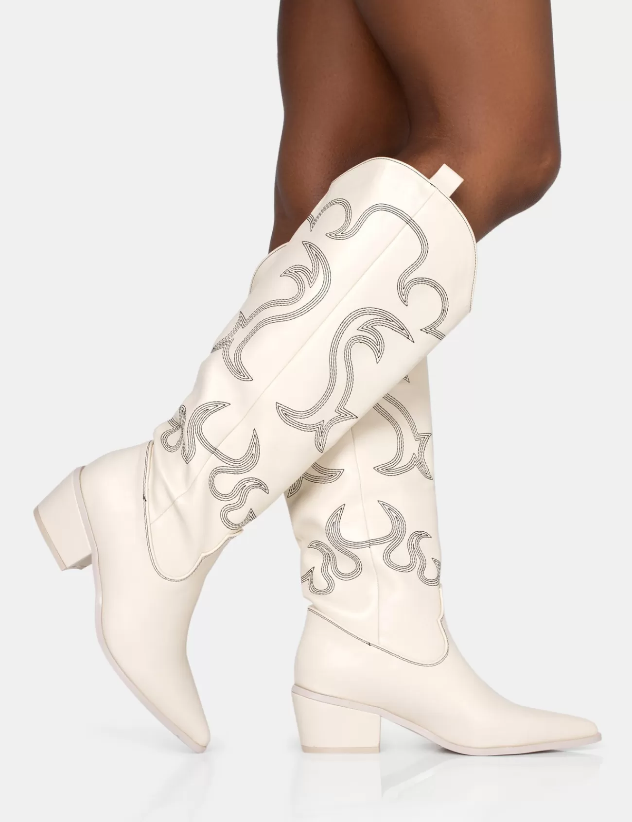 Public Desire Cooper Pu Western Embroidered Knee High Cowboy Boot Ecru Discount