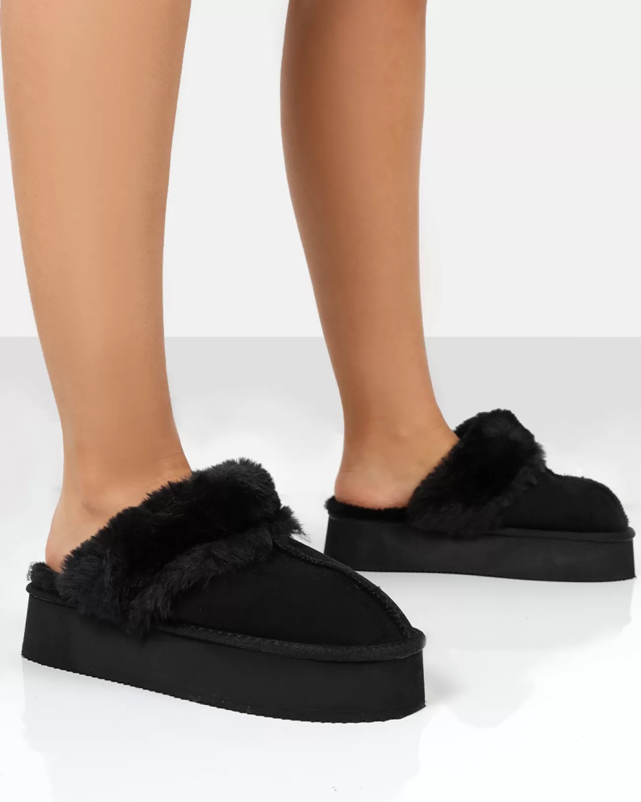 Public Desire Cosy Faux Suede Platform Slider Slipper Black Sale