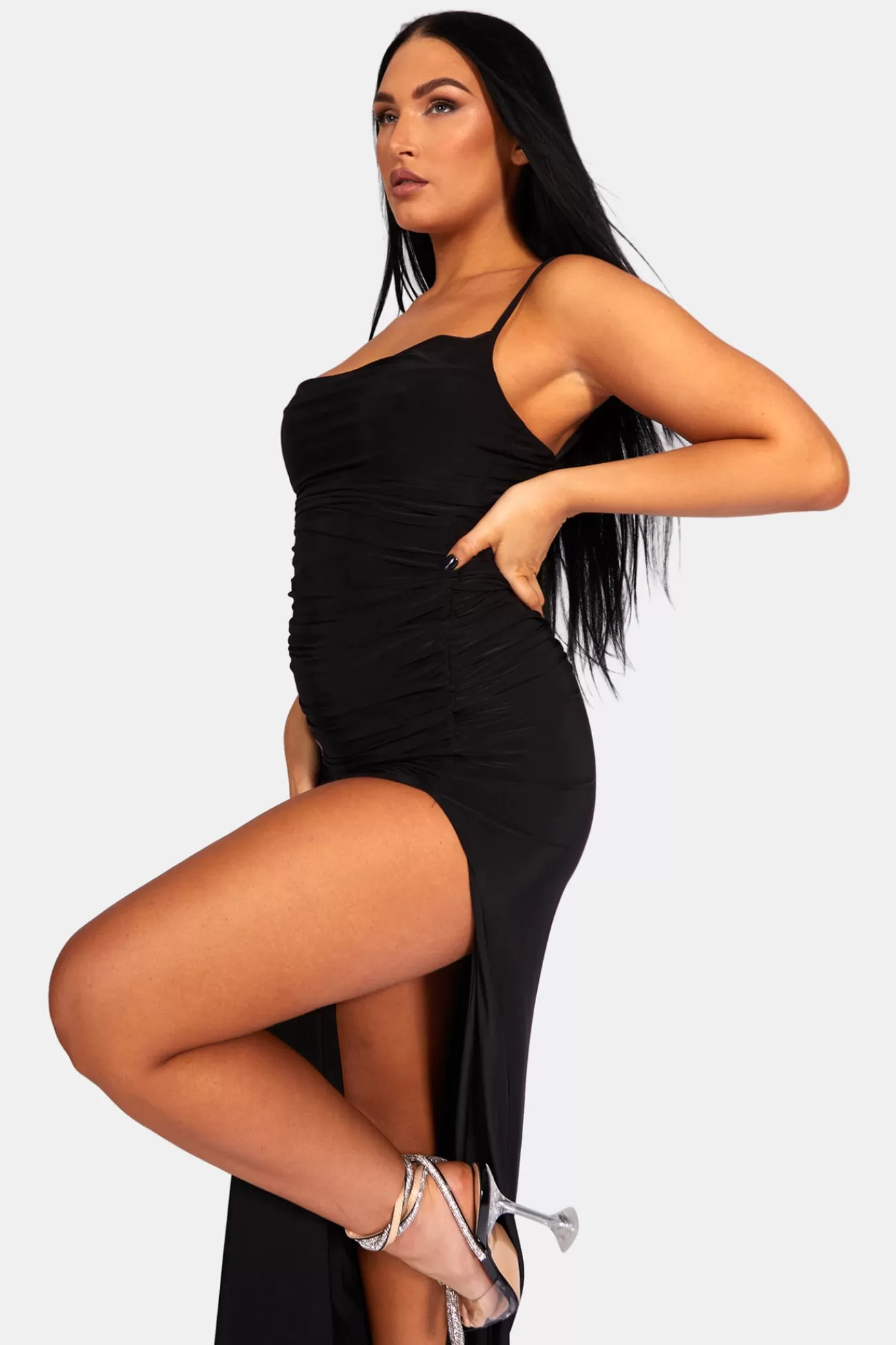 Public Desire Cowl Neck Extreme Split Slinky Maxi Dress Black Cheap