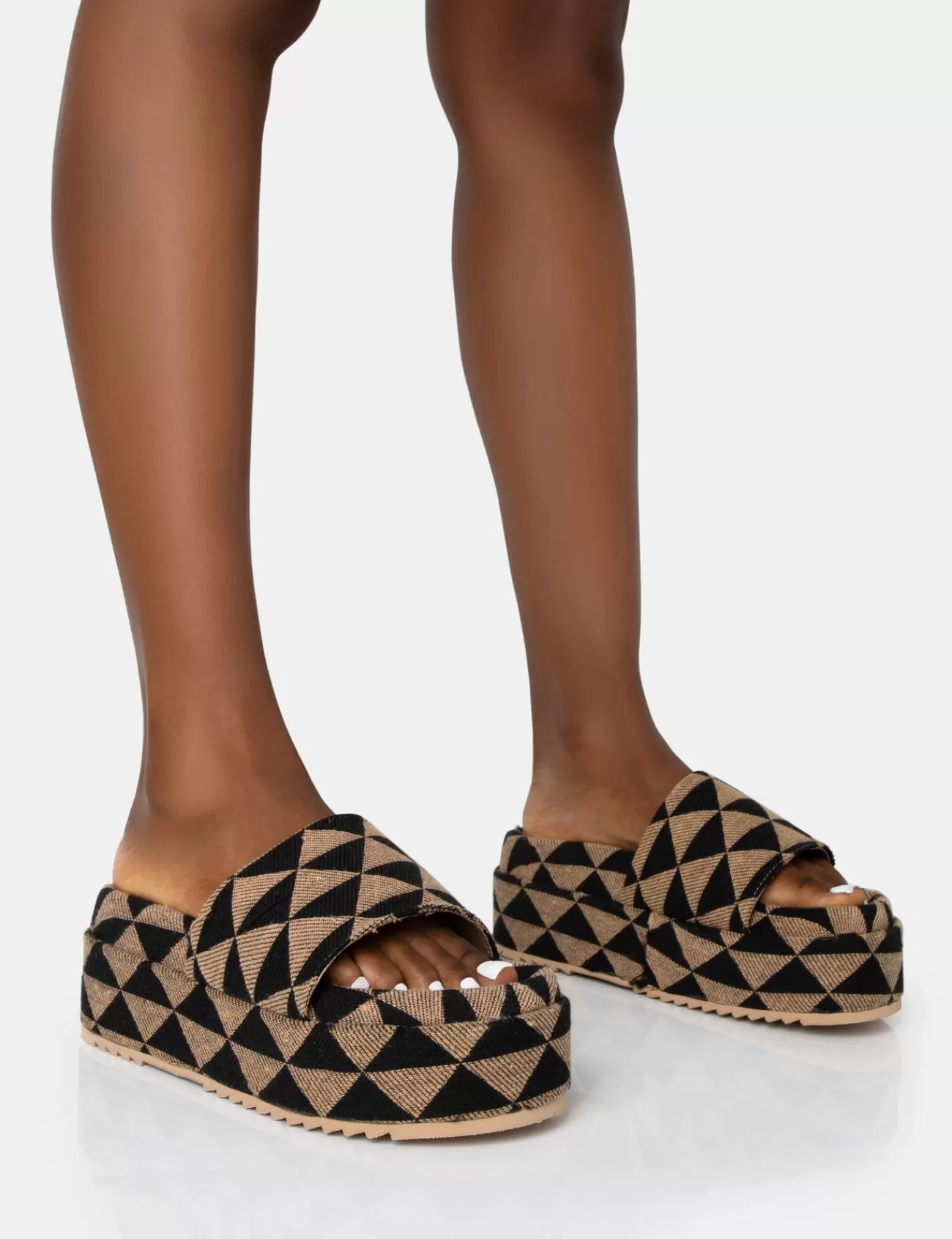 Public Desire Cowrie Geometric Print Platform Slider Sandal Tan Cheap
