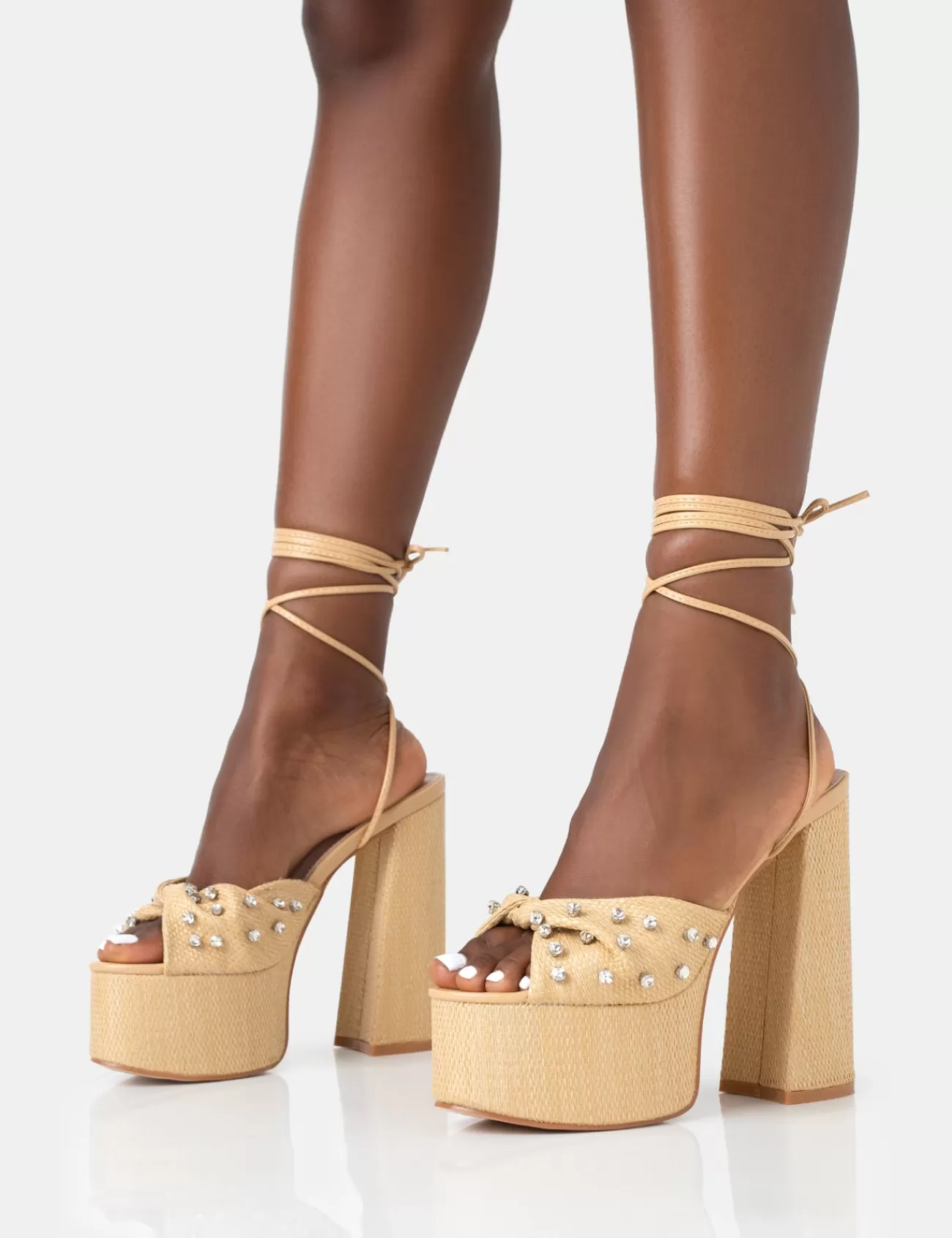Public Desire Crete Raffia Diamante Twist Strap Lace Up Platform Block Heels Best