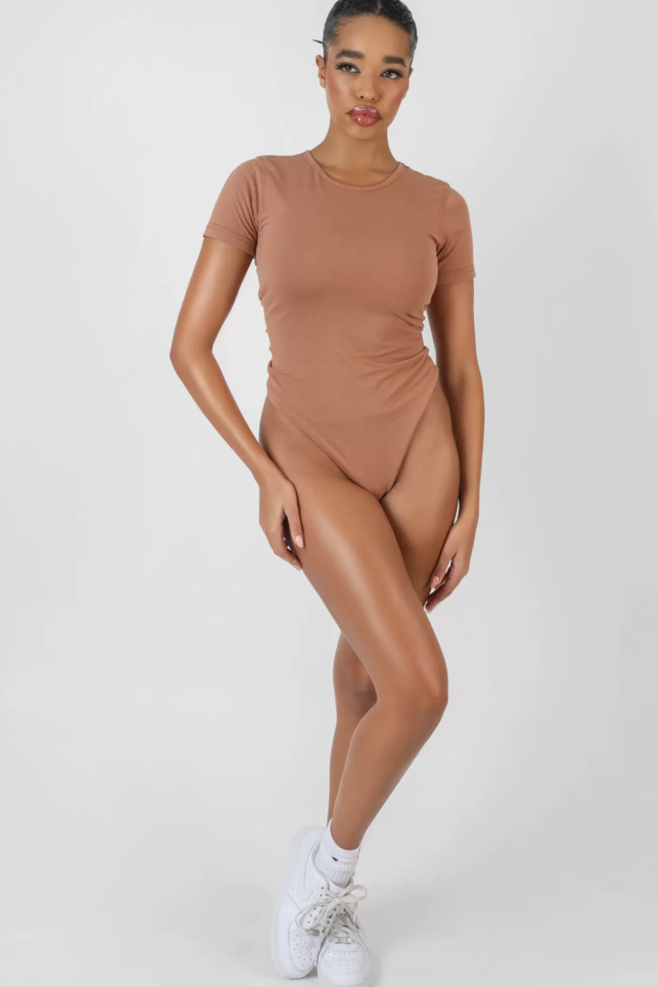 Public Desire Crew Neck Cap Sleeve Tshirt Bodysuit Camel Outlet