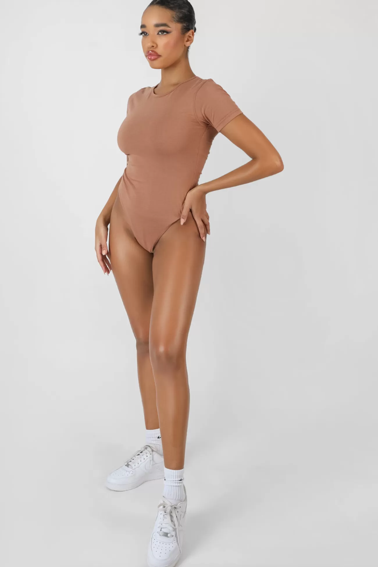 Public Desire Crew Neck Cap Sleeve Tshirt Bodysuit Camel Outlet