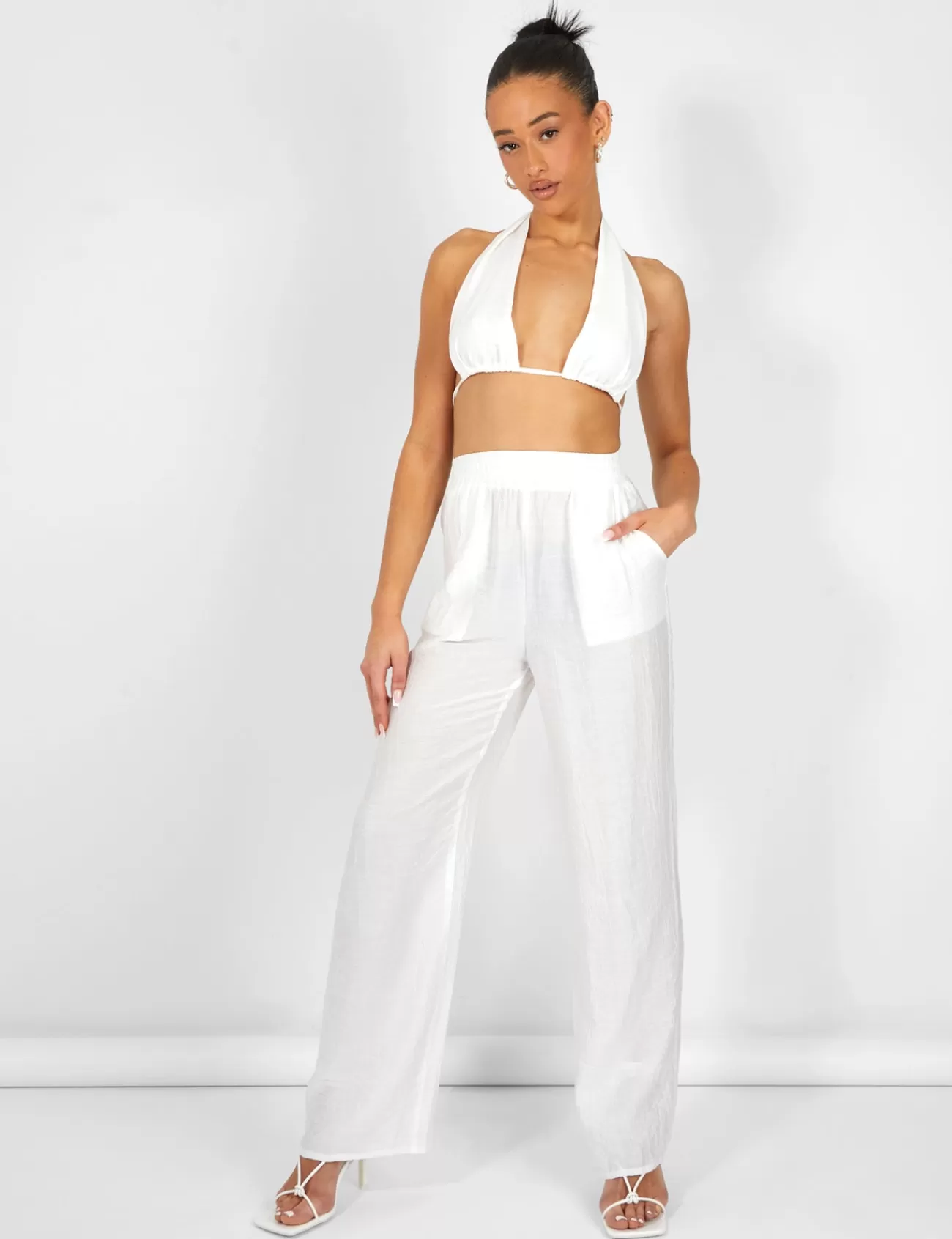 Public Desire Crinkle Elasticated Waist Wide Leg Trousers White Discount