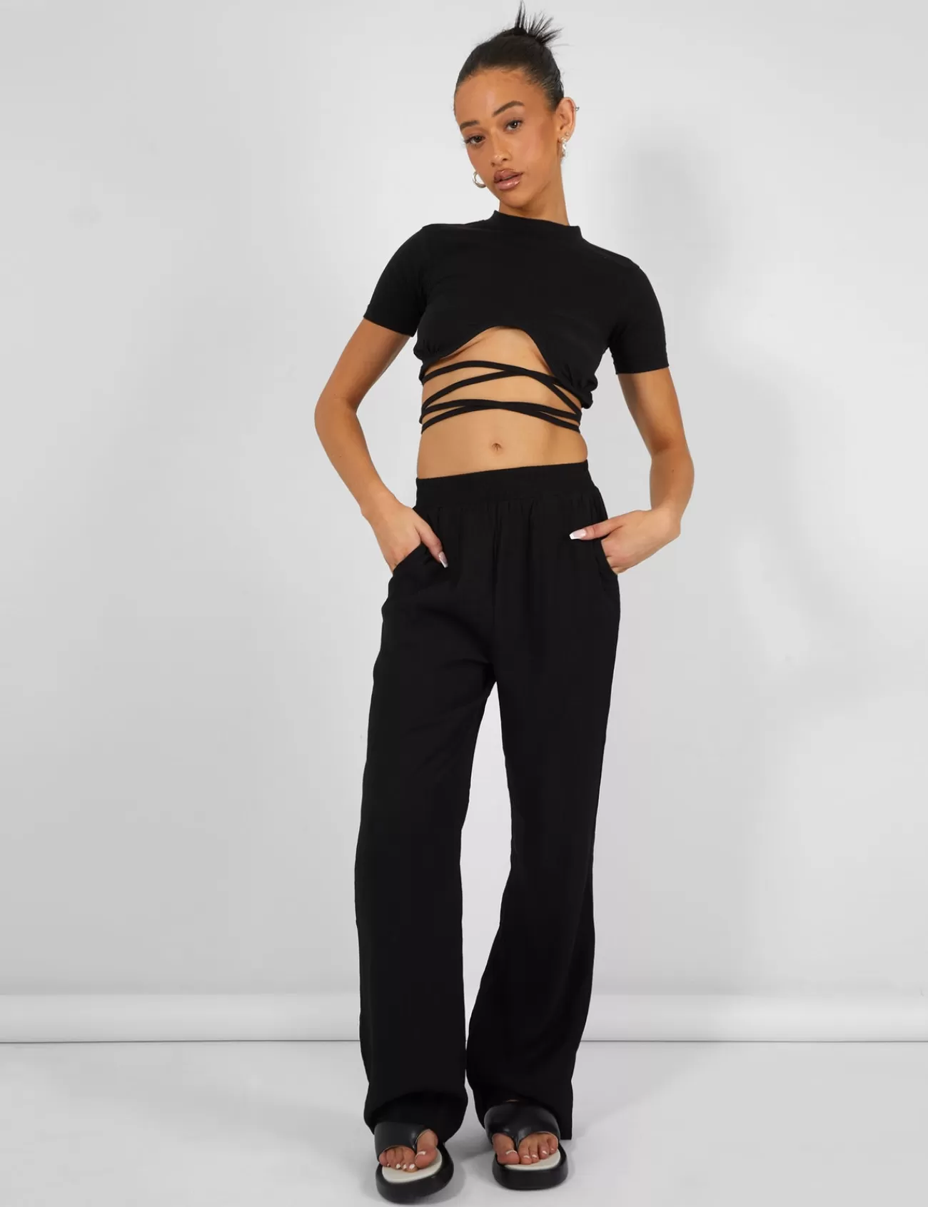 Public Desire Crinkle Elasticated Waist Wide Leg Trousers Black Cheap