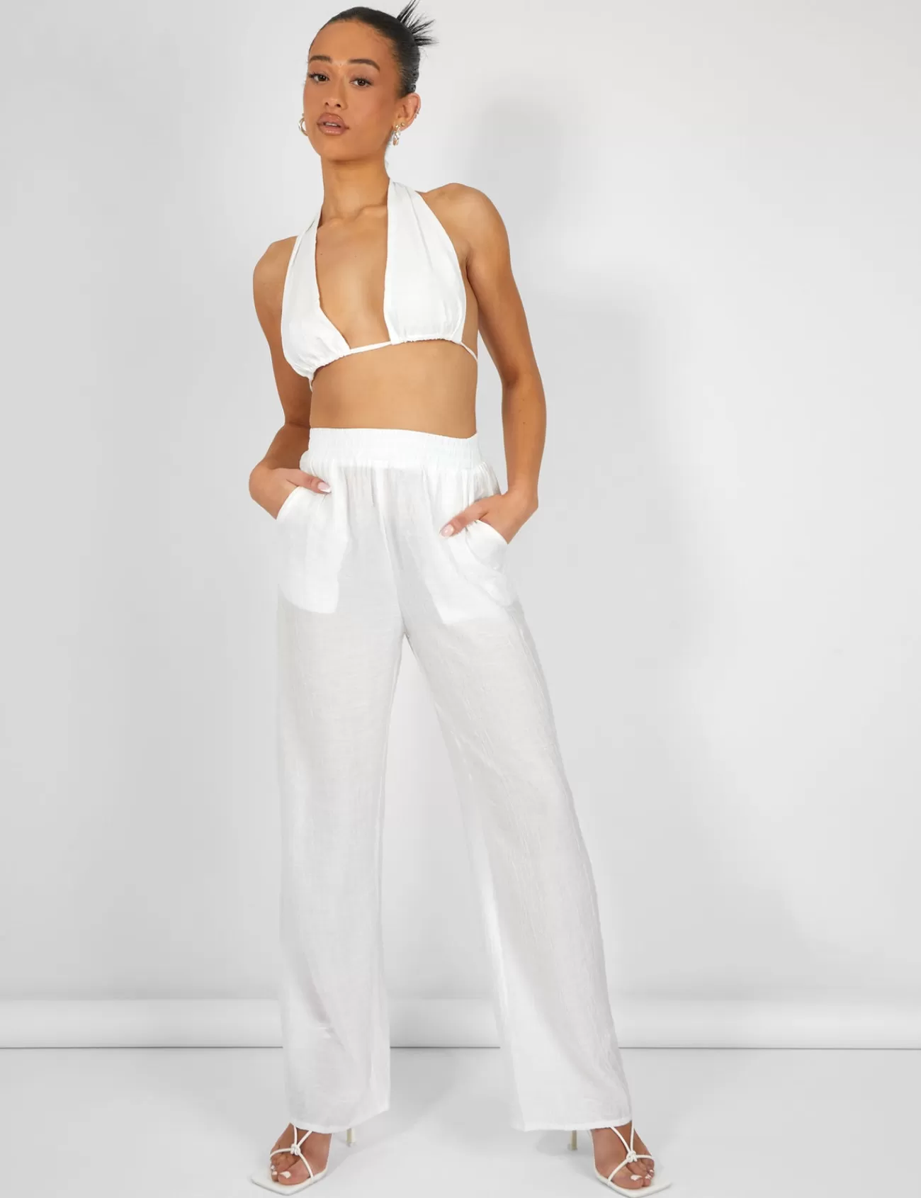 Public Desire Crinkle Elasticated Waist Wide Leg Trousers White Discount
